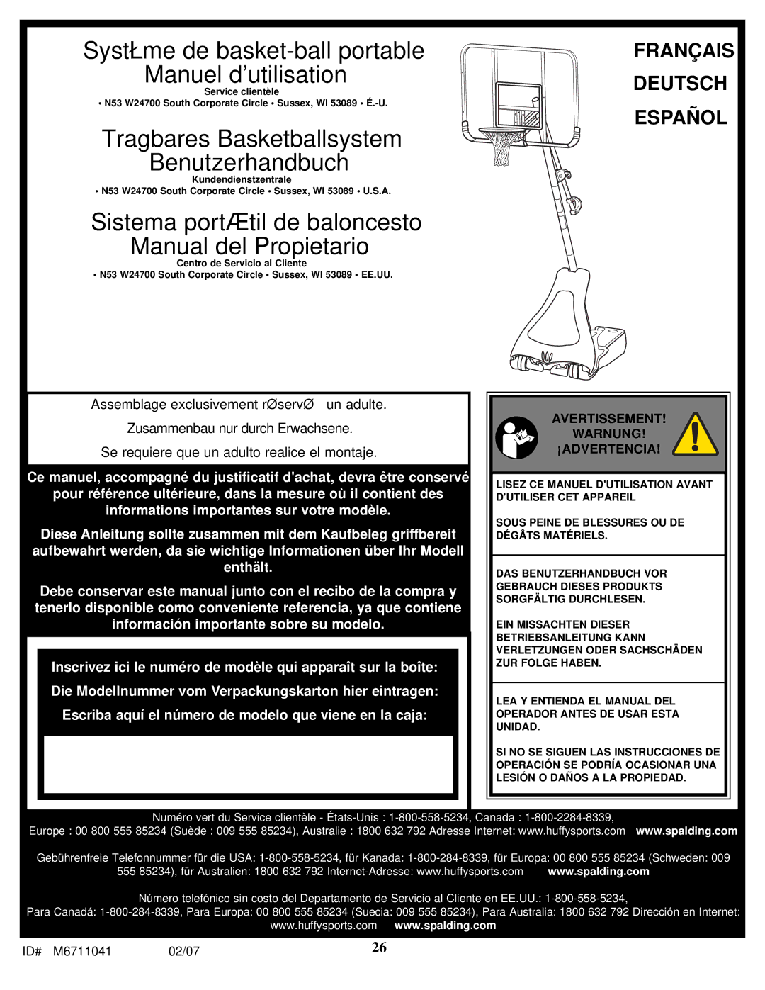 Spalding M6711041 manual Système de basket-ball portable Manuel dutilisation 