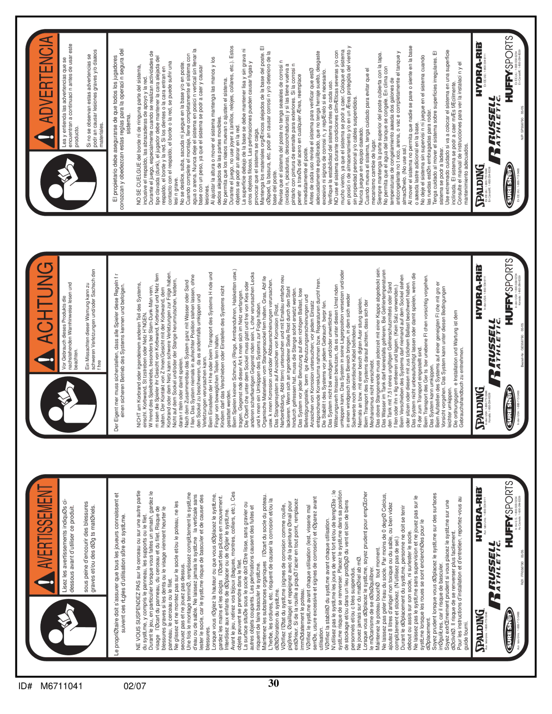 Spalding M6711041 manual Achtung 