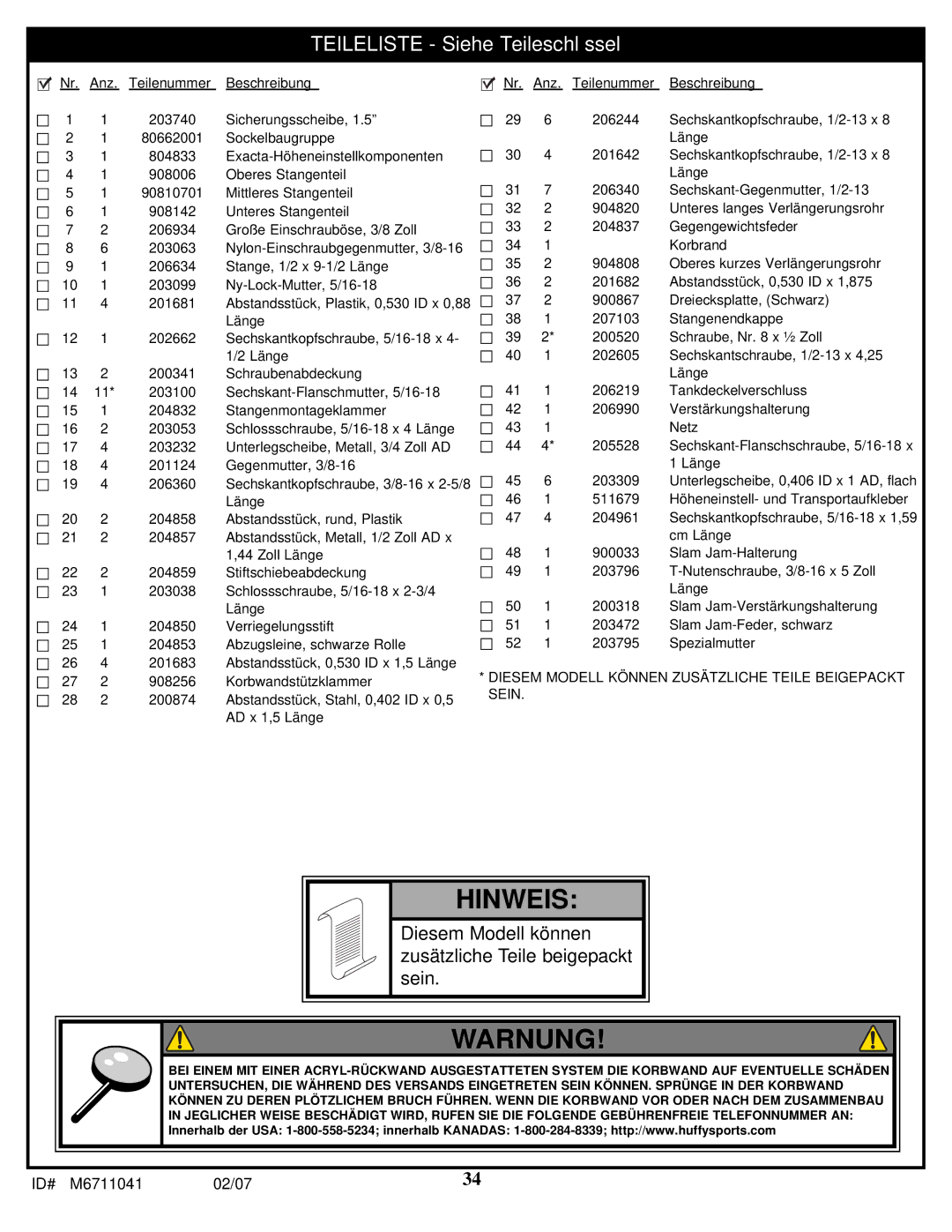 Spalding M6711041 manual Hinweis 