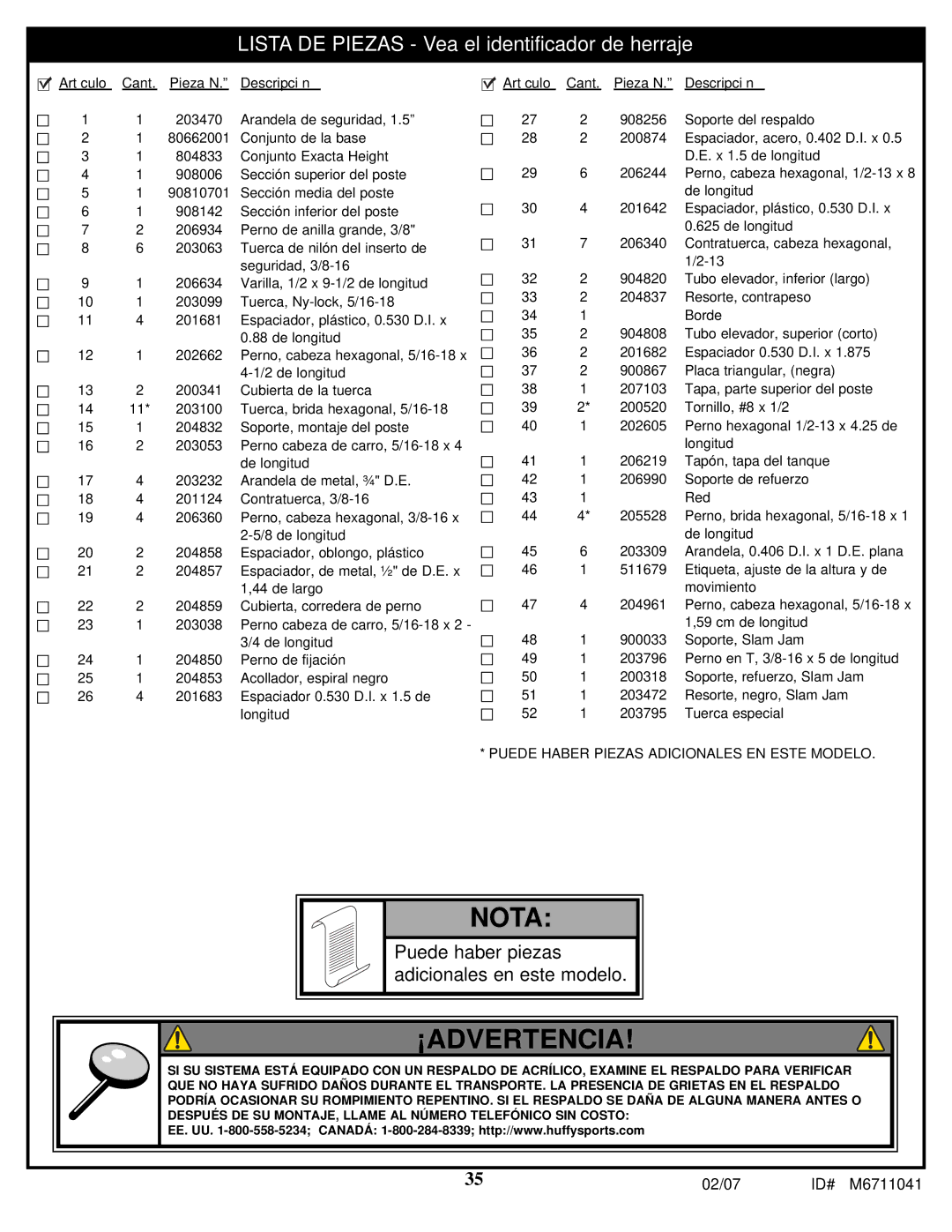 Spalding M6711041 manual Nota 