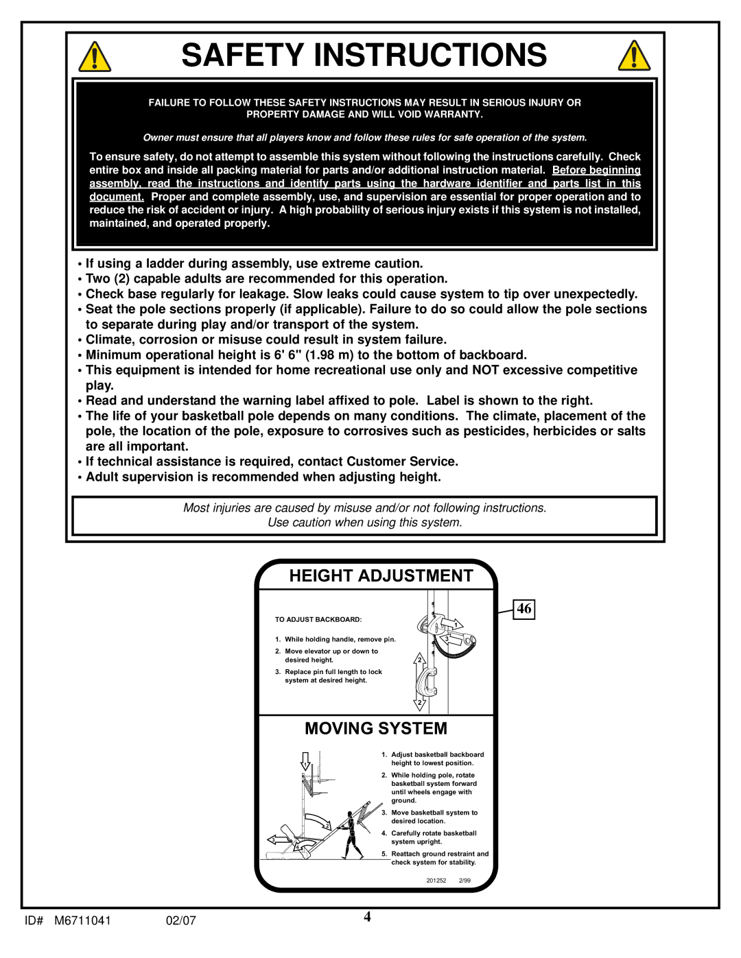 Spalding M6711041 manual Safety Instructions 