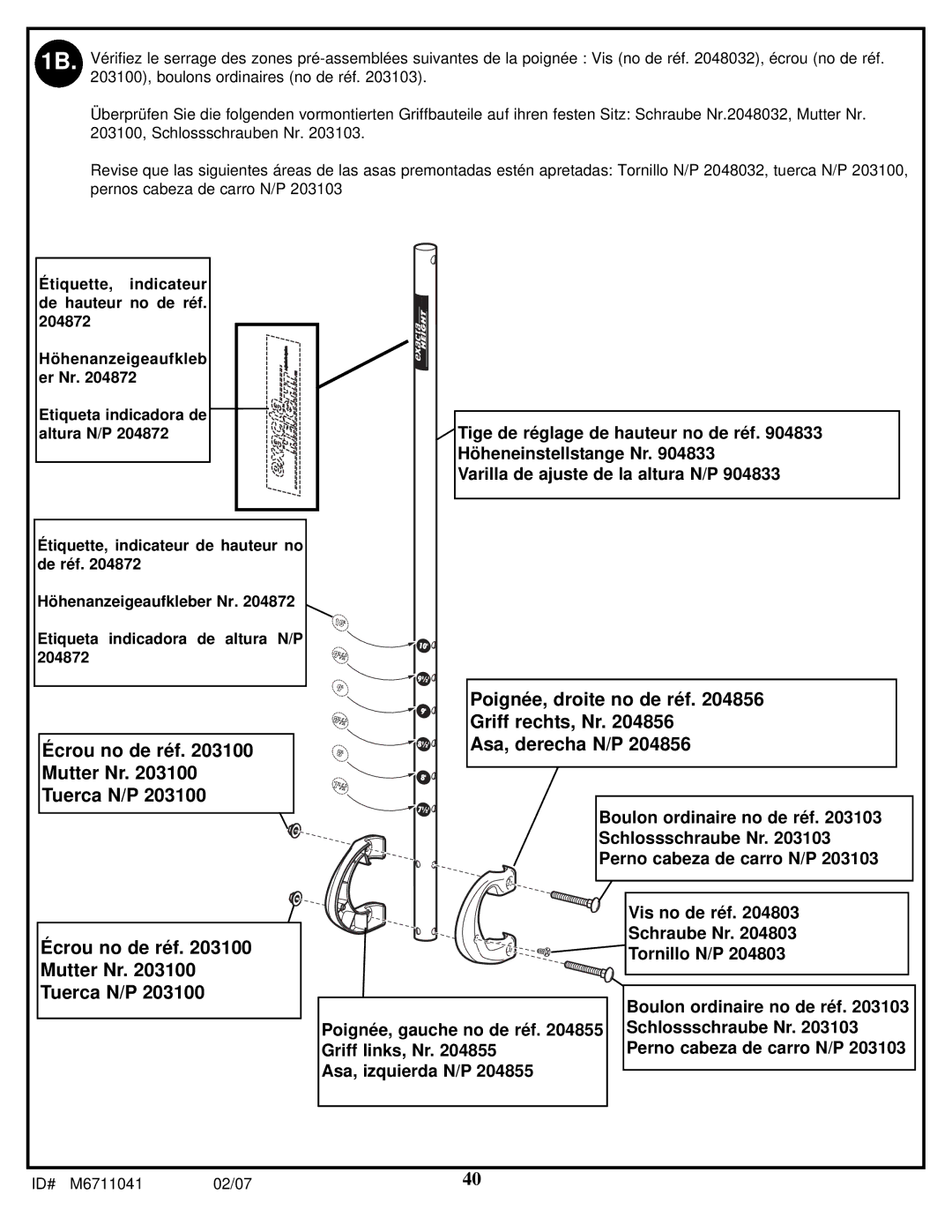 Spalding M6711041 manual Poignée, droite no de réf Griff rechts, Nr Asa, derecha N/P 