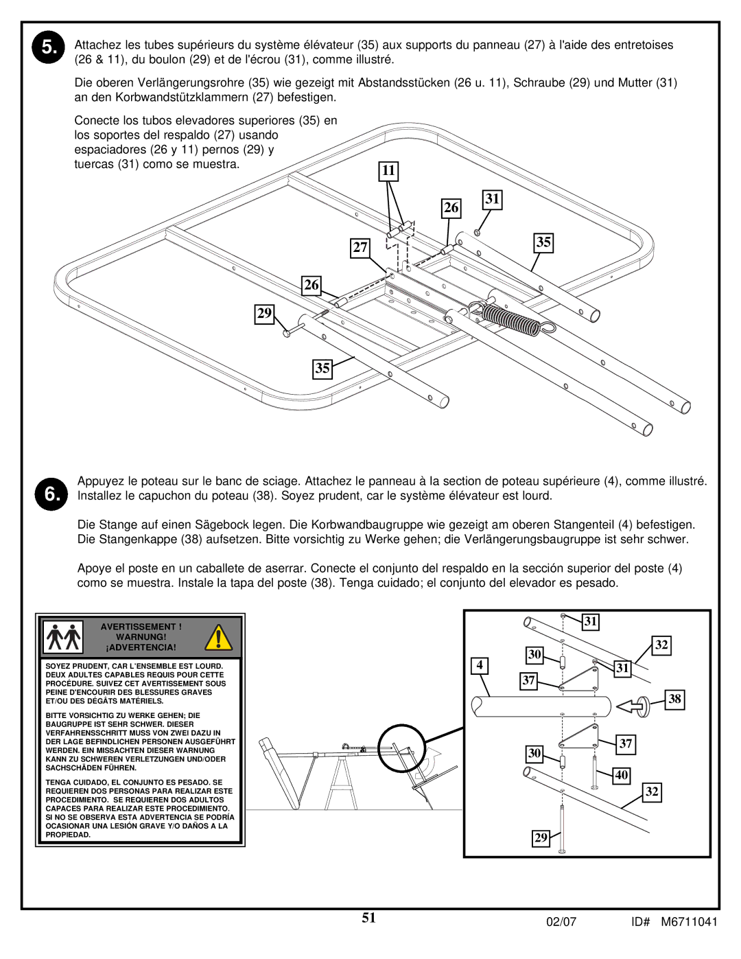 Spalding M6711041 manual Avertissement Warnung ¡ADVERTENCIA 