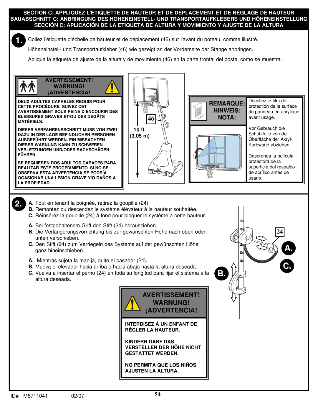 Spalding M6711041 manual Avertissement Warnung ¡ADVERTENCIA 