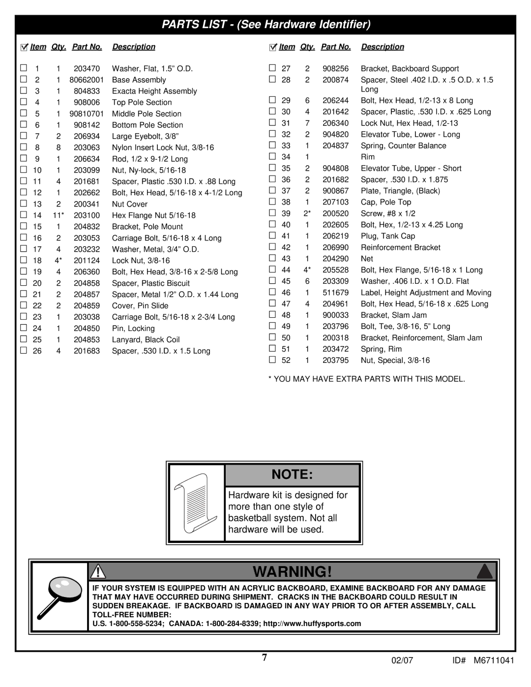 Spalding M6711041 manual Parts List See Hardware Identifier 