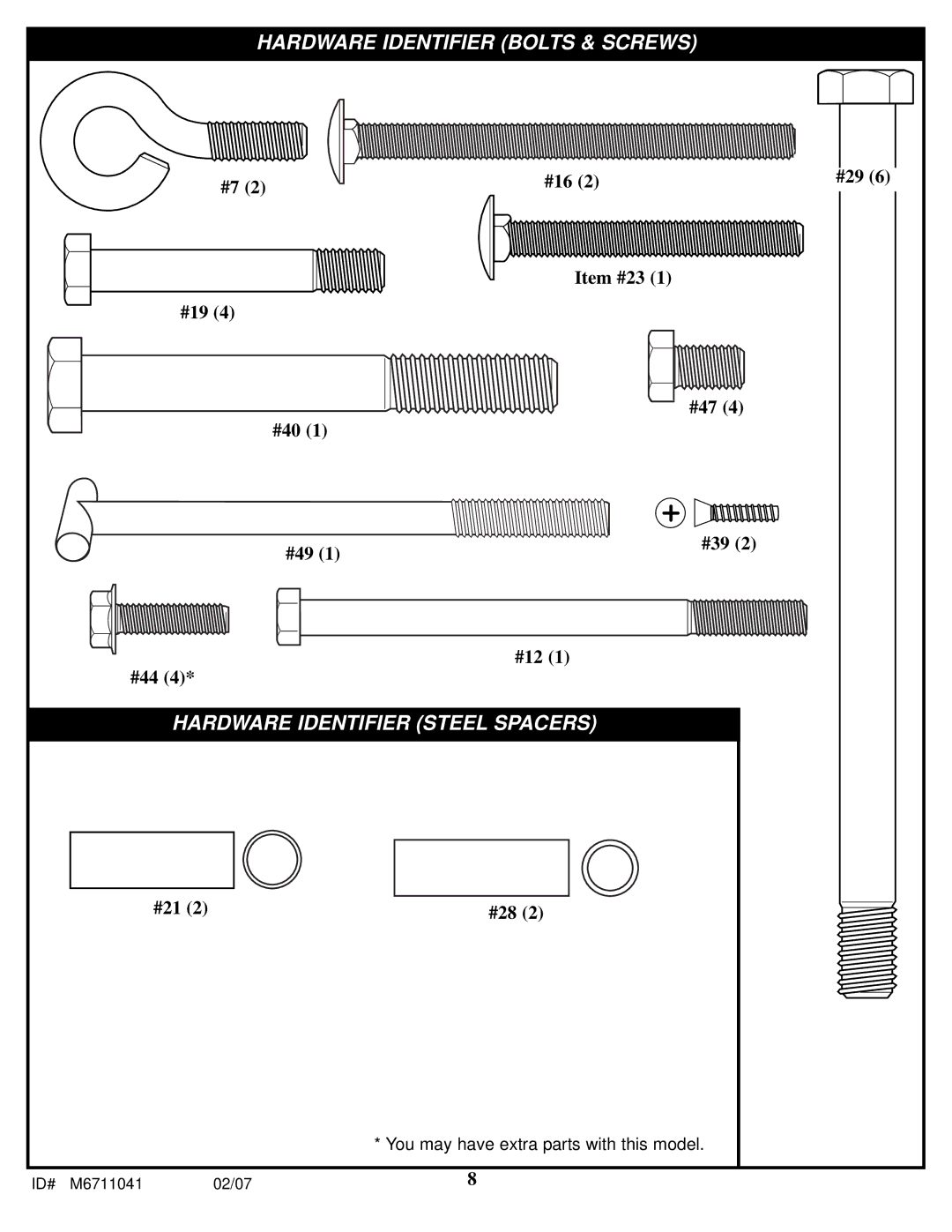 Spalding M6711041 manual Hardware Identifier Bolts & Screws 