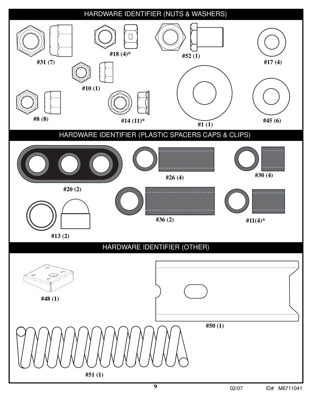 Spalding M6711041 manual Hardware Identifier Nuts & Washers 