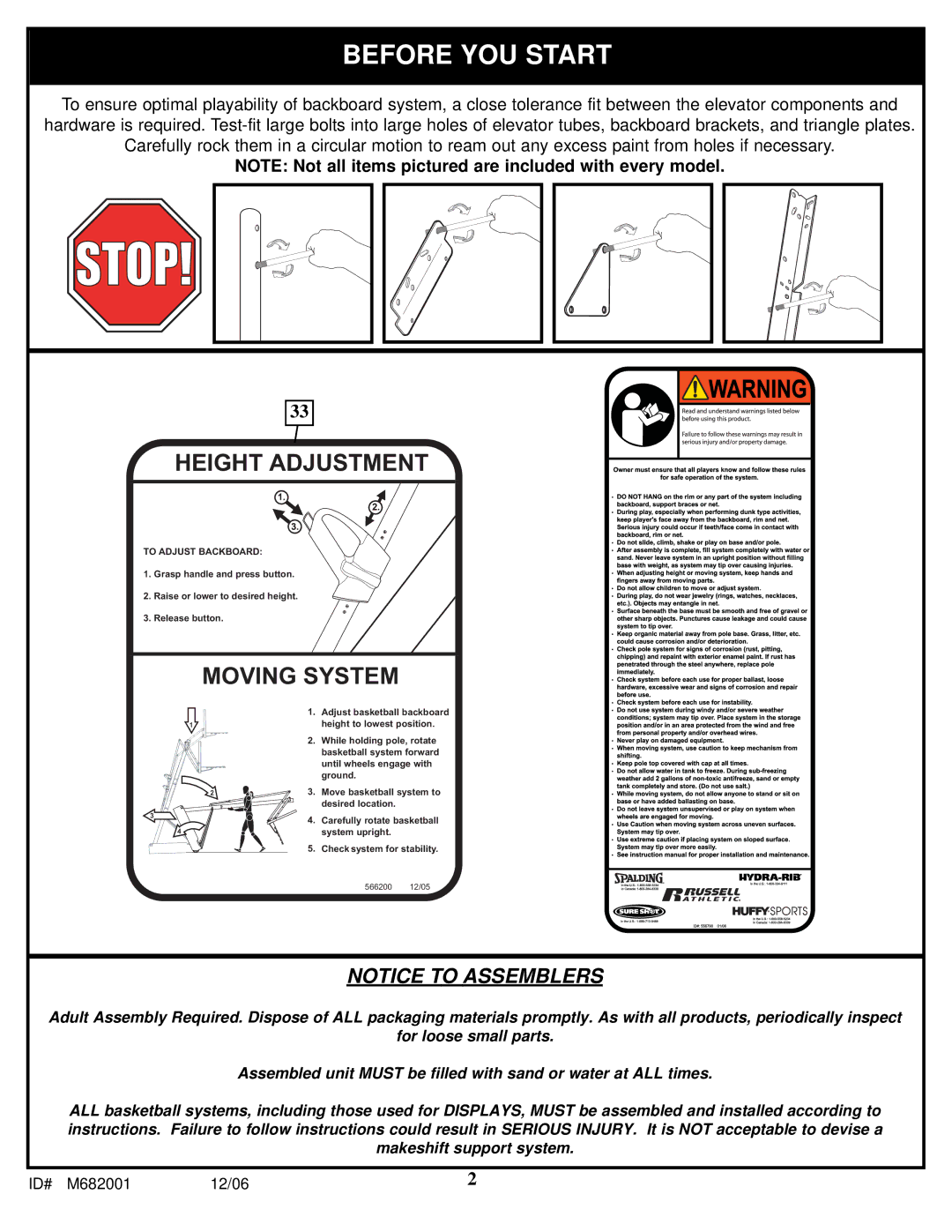 Spalding M682001 manual Before YOU Start 