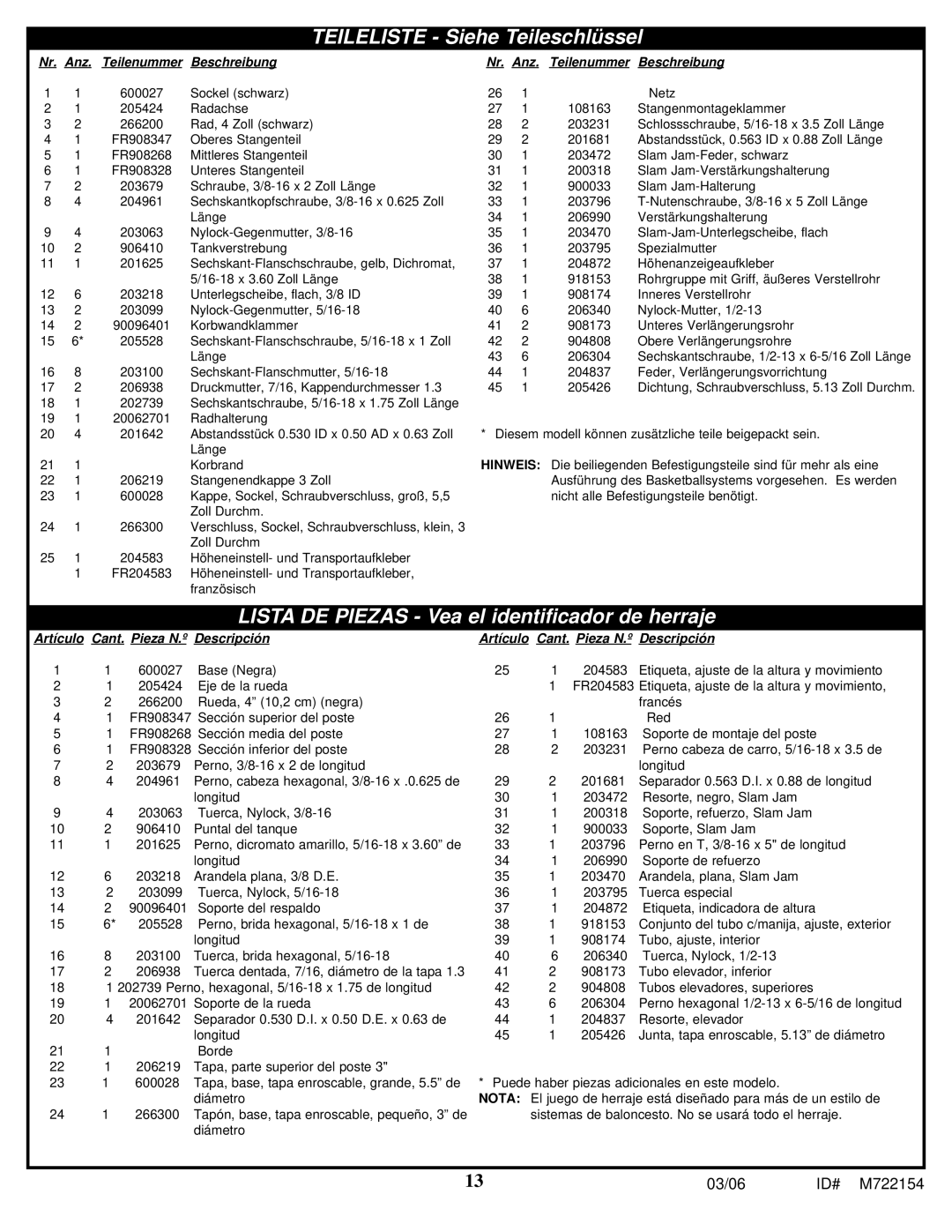 Spalding M722154 manual Teileliste Siehe Teileschlüssel 