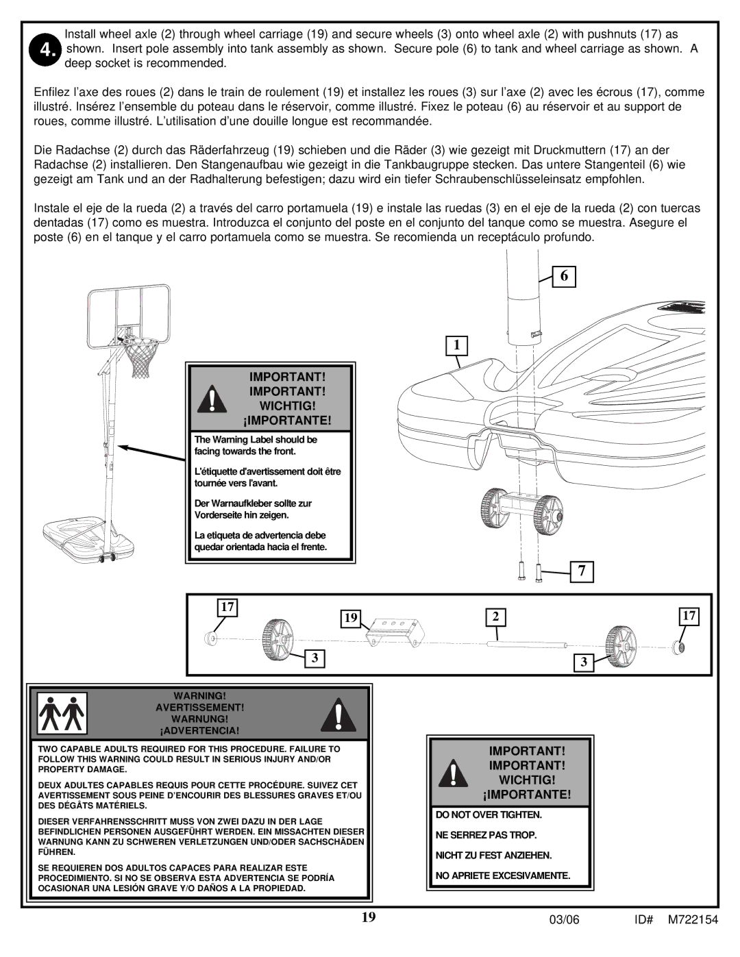 Spalding M722154 manual Wichtig ¡IMPORTANTE, Avertissement Warnung ¡ADVERTENCIA 