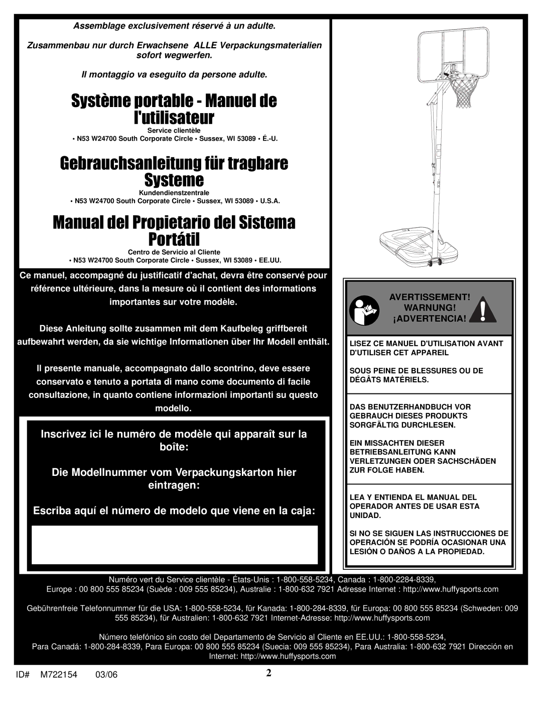 Spalding M722154 manual Manual del Propietario del Sistema Portátil, Avertissement Warnung ¡ADVERTENCIA 