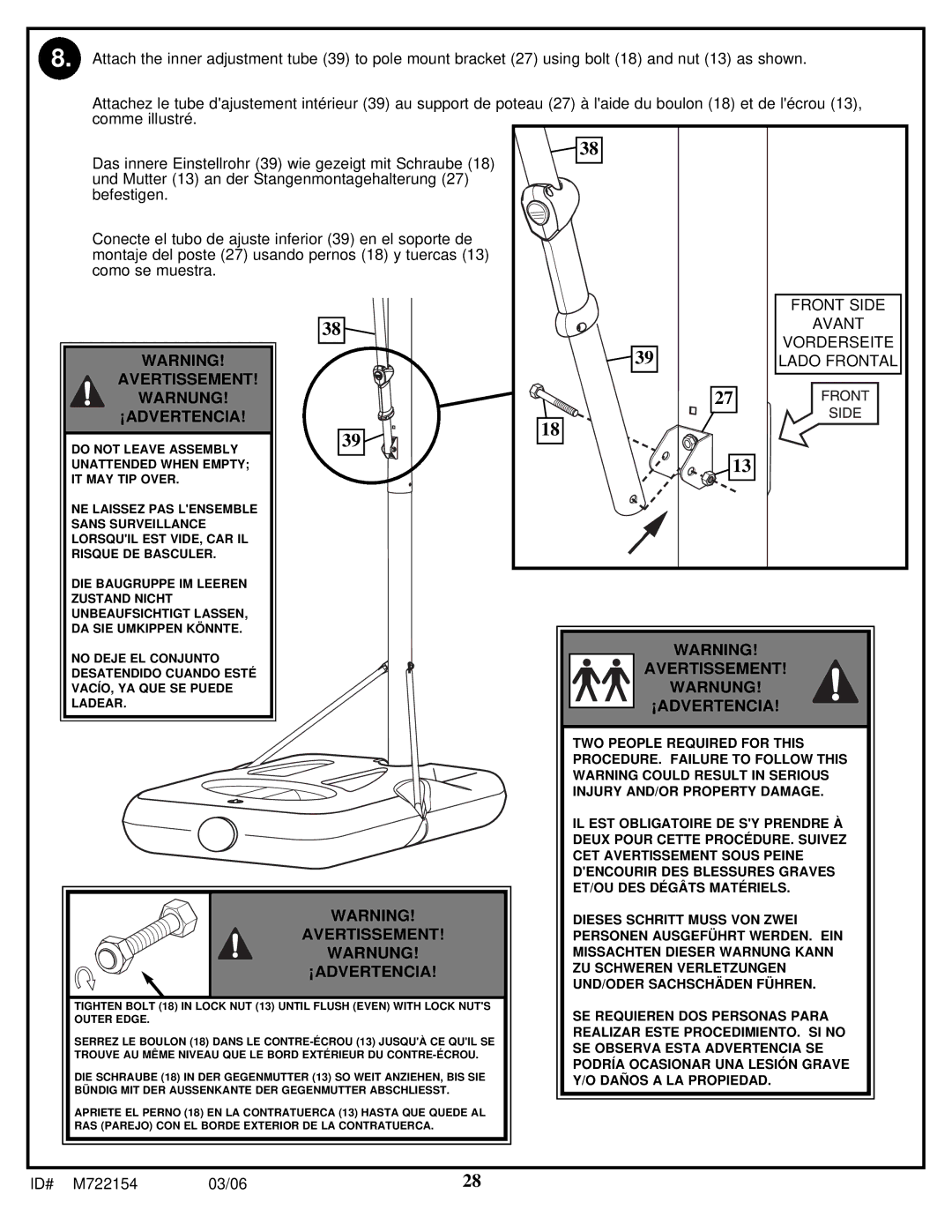 Spalding M722154 manual Avertissement, Warnung ¡ADVERTENCIA 