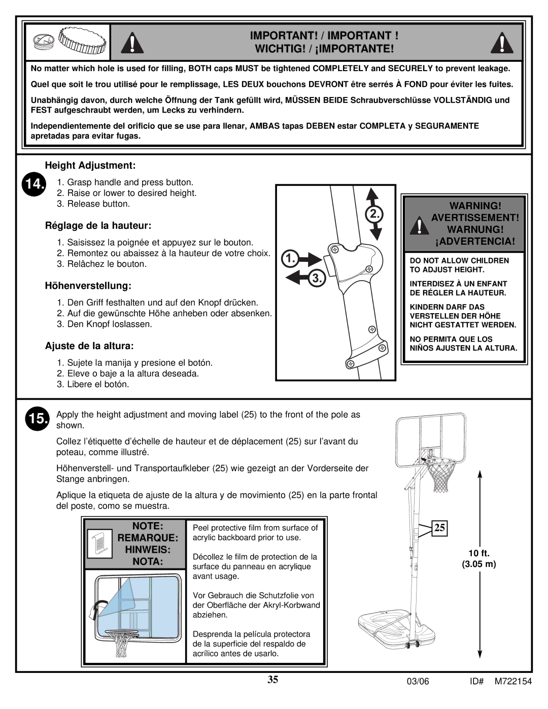 Spalding M722154 manual Avertissement Warnung ¡ADVERTENCIA 