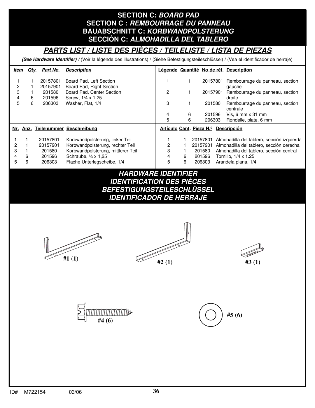 Spalding M722154 manual Parts List / Liste DES Pièces / Teileliste / Lista DE Piezas 