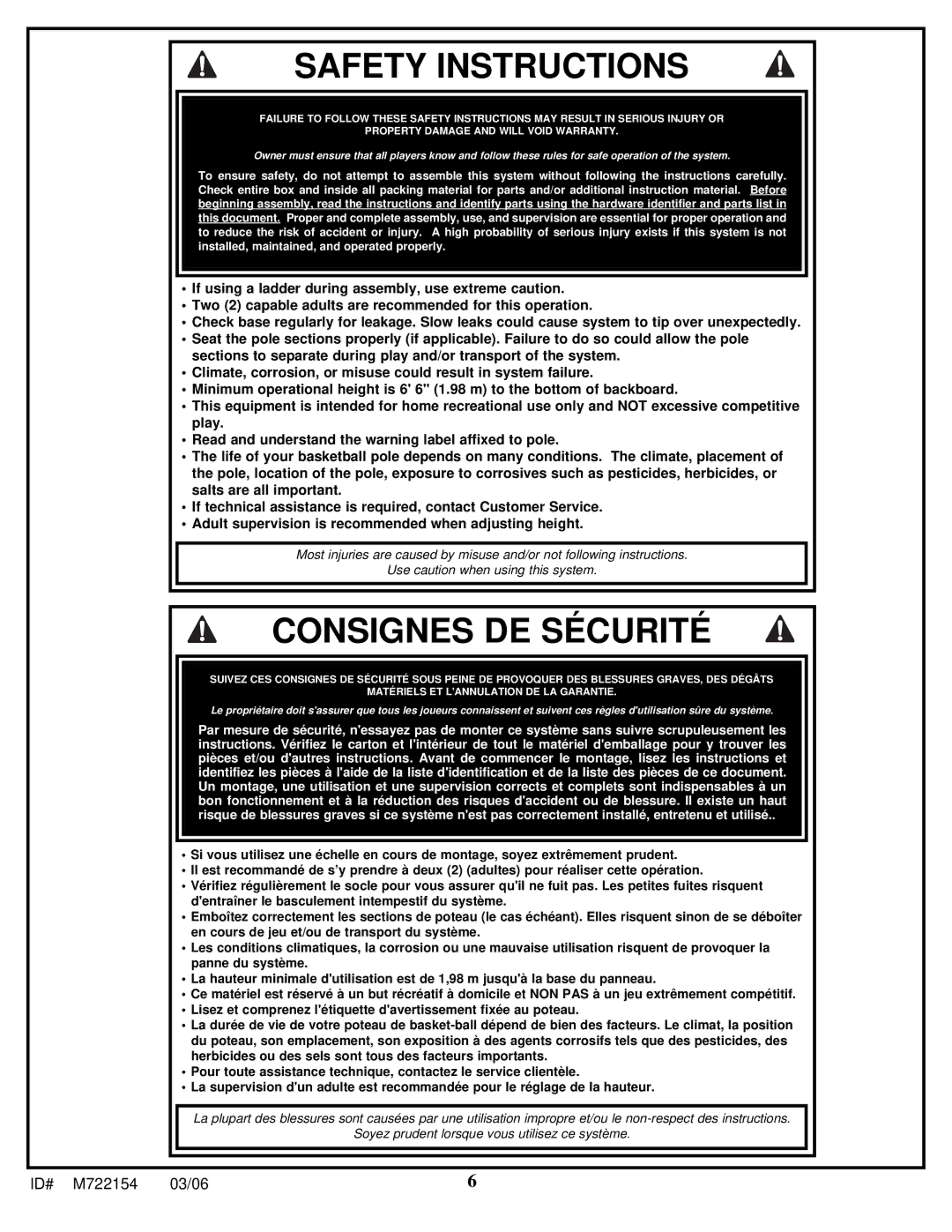 Spalding M722154 manual Safety Instructions 