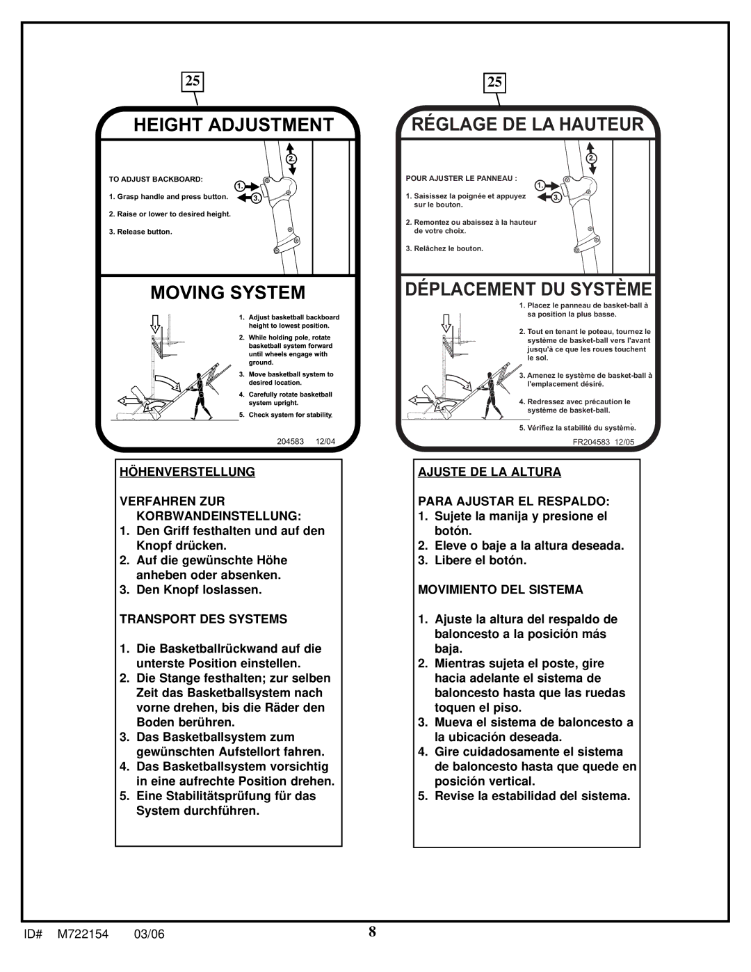 Spalding M722154 manual Höhenverstellung Verfahren ZUR Korbwandeinstellung, Transport DES Systems, Movimiento DEL Sistema 