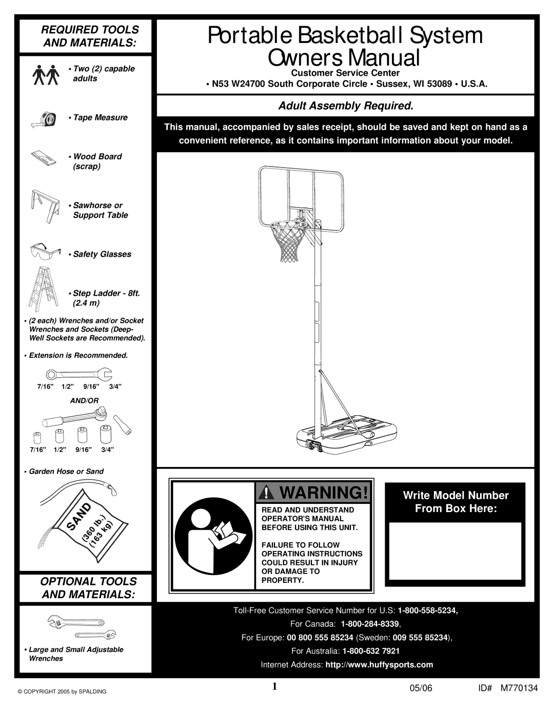 Spalding M770134 manual Portable Basketball System 