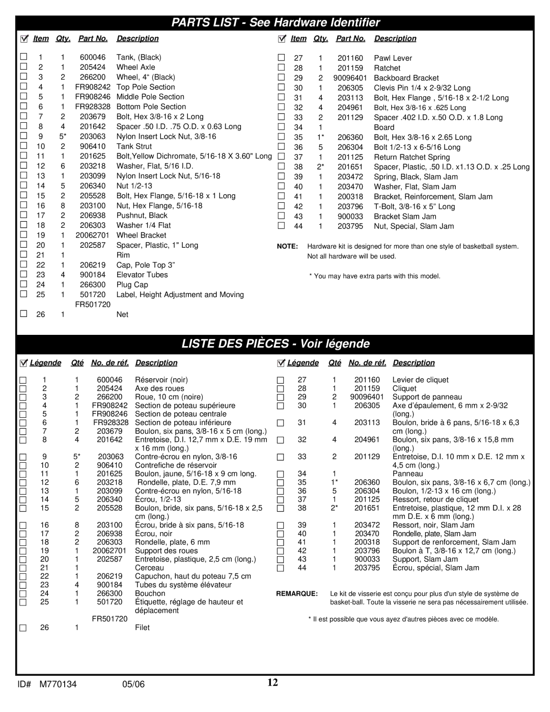 Spalding M770134 manual Parts List See Hardware Identifier 