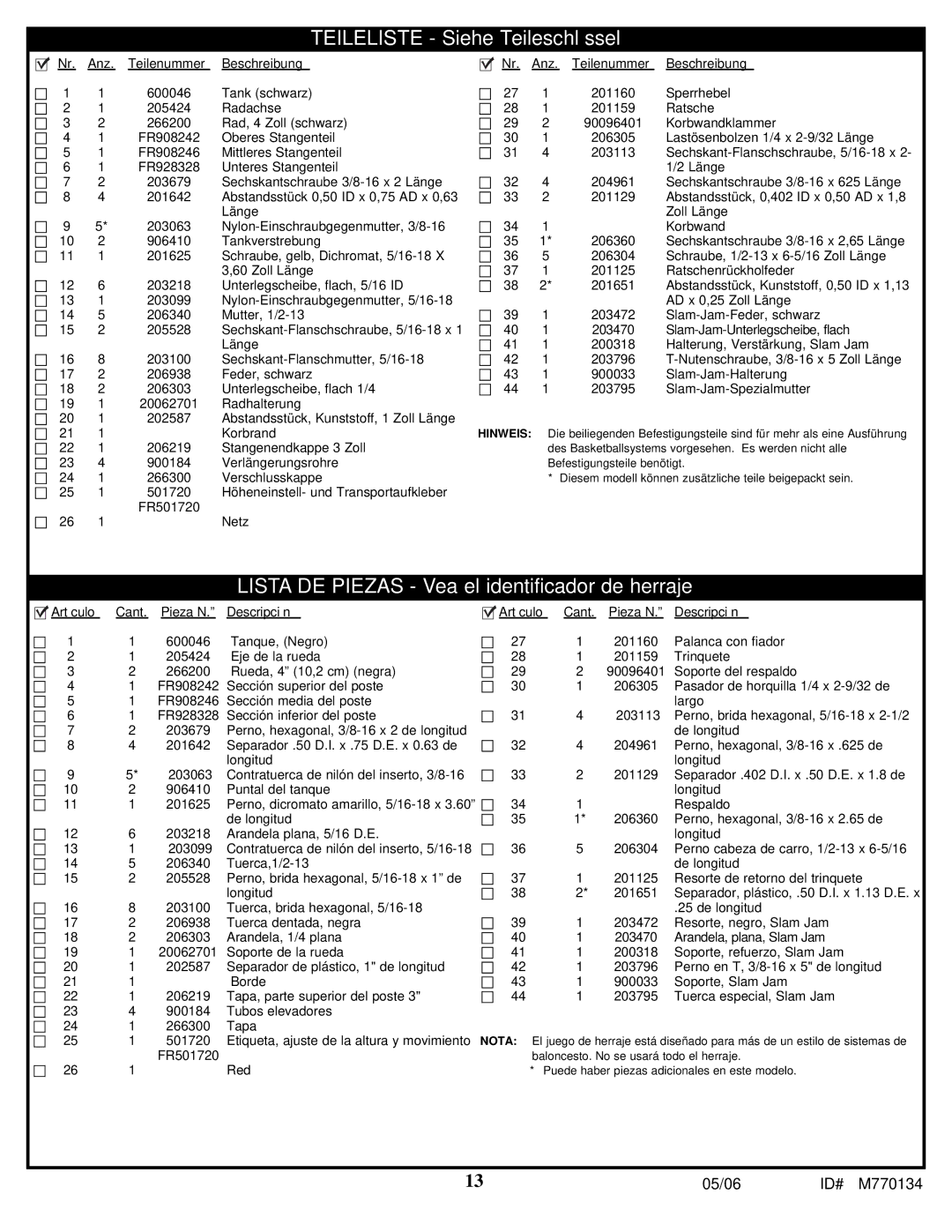 Spalding M770134 manual Teileliste Siehe Teileschlüssel 