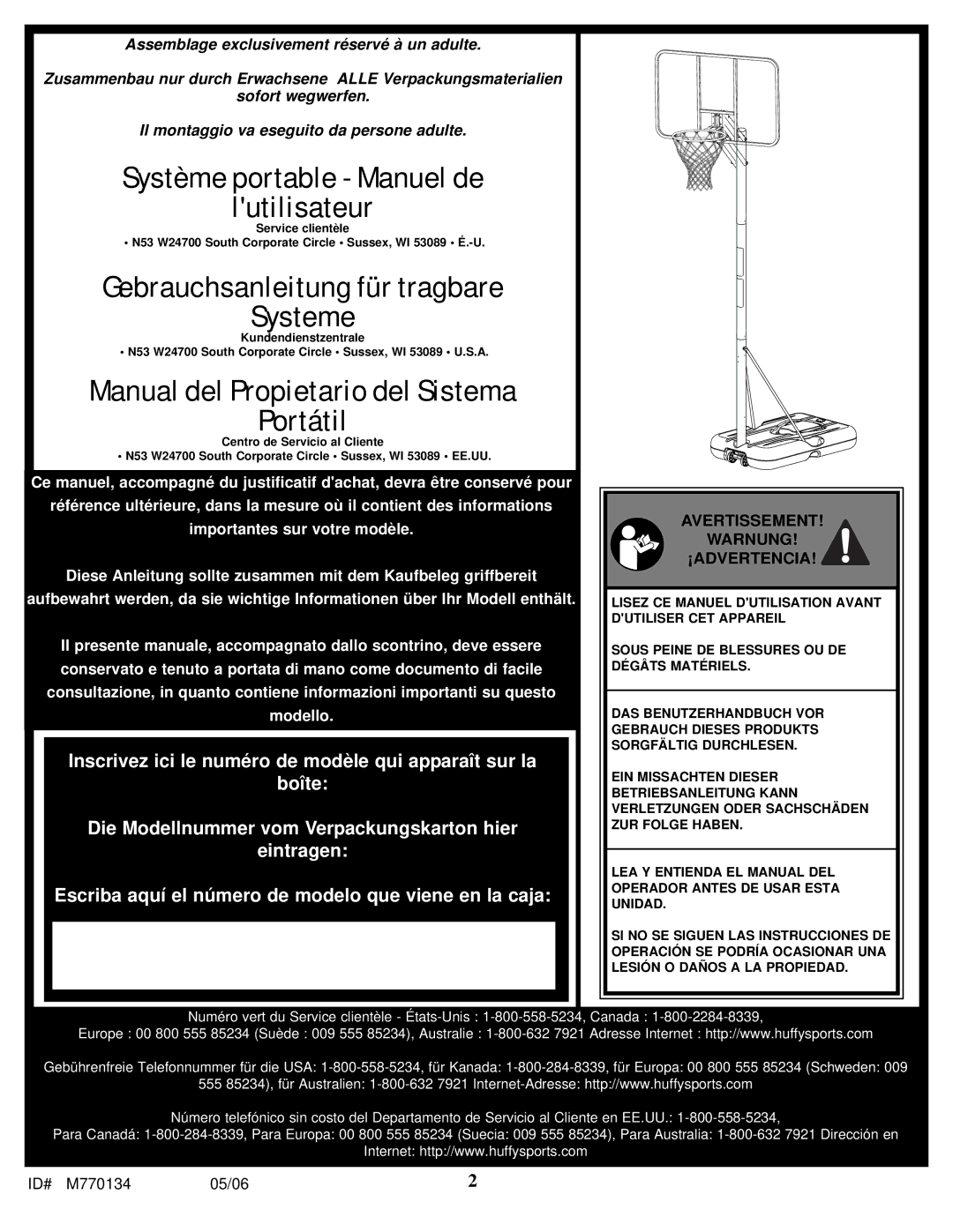 Spalding M770134 manual Manual del Propietario del Sistema Portátil, Avertissement Warnung ¡ADVERTENCIA 