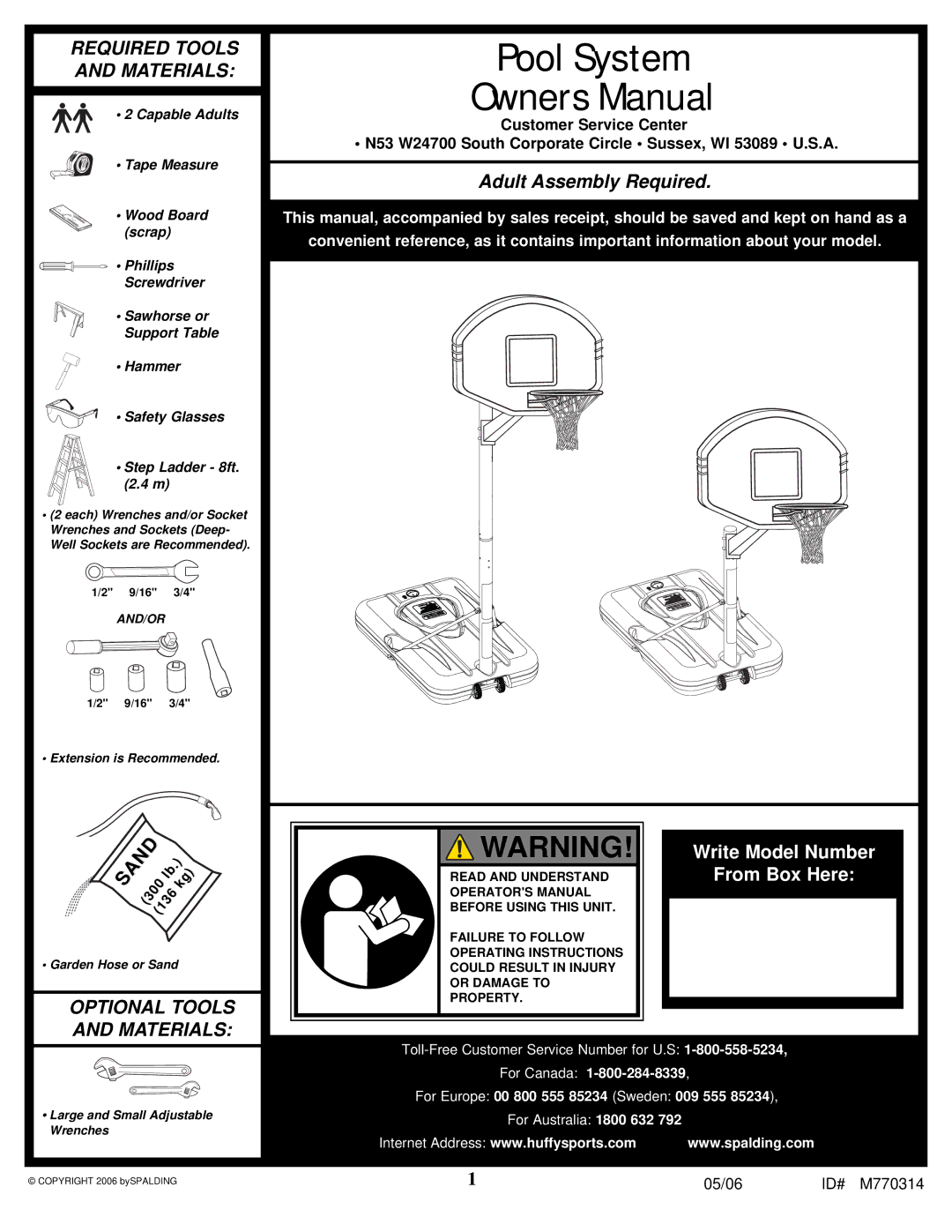 Spalding M770314 manual Pool System 