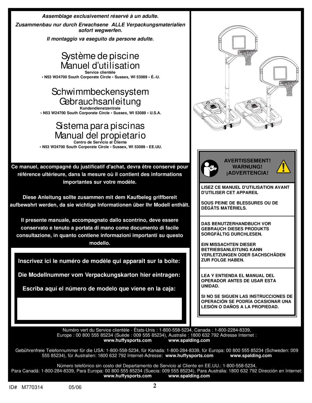 Spalding M770314 manual Système de piscine Manuel d’utilisation 