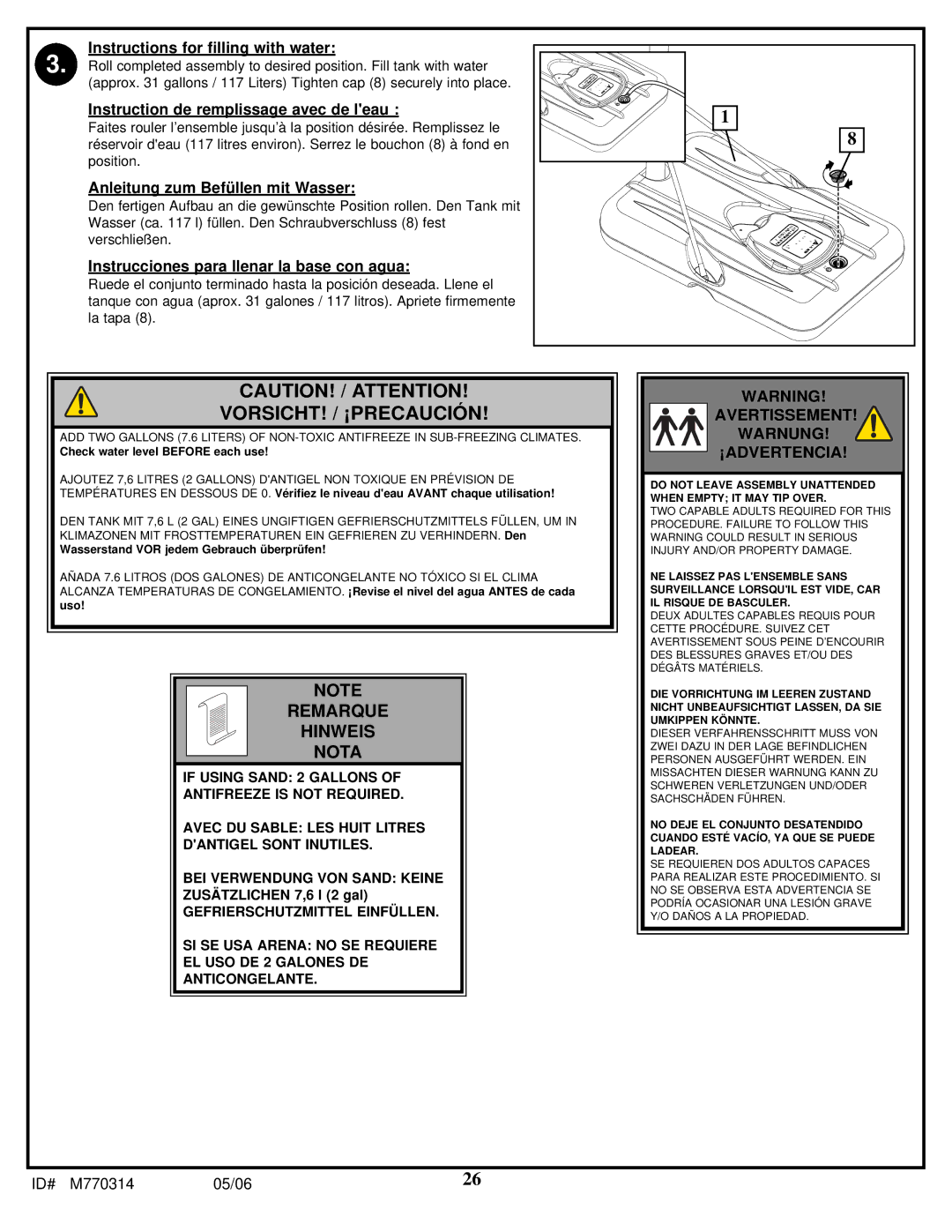 Spalding M770314 manual Remarque Hinweis Nota, Instructions for filling with water 