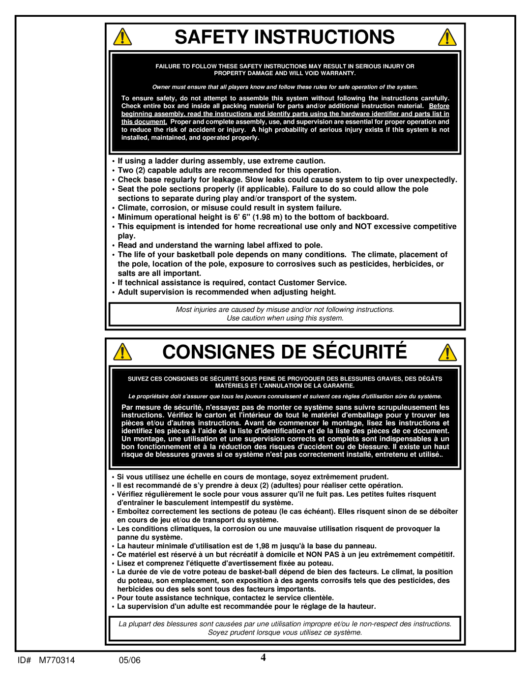 Spalding M770314 manual Safety Instructions 