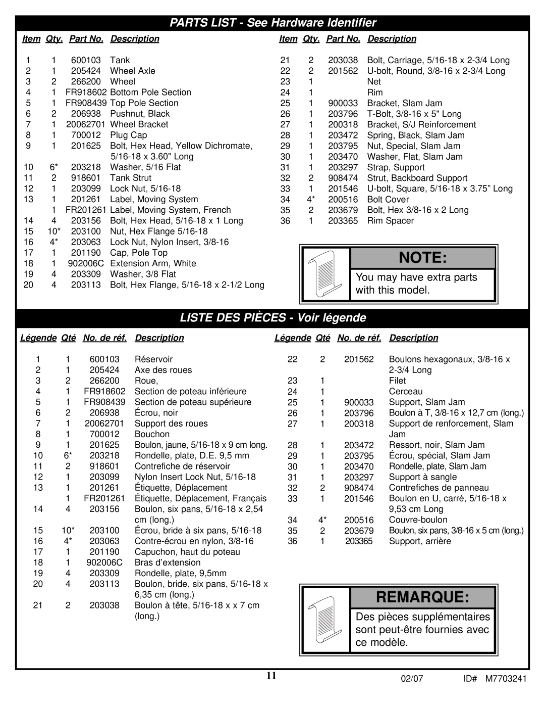 Spalding M7703241 manual Remarque 