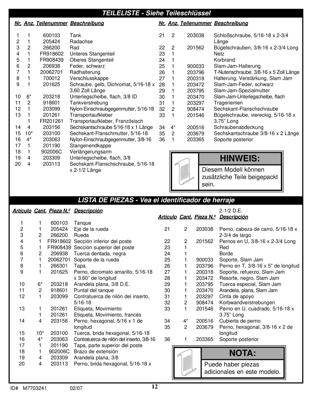 Spalding M7703241 manual Hinweis 