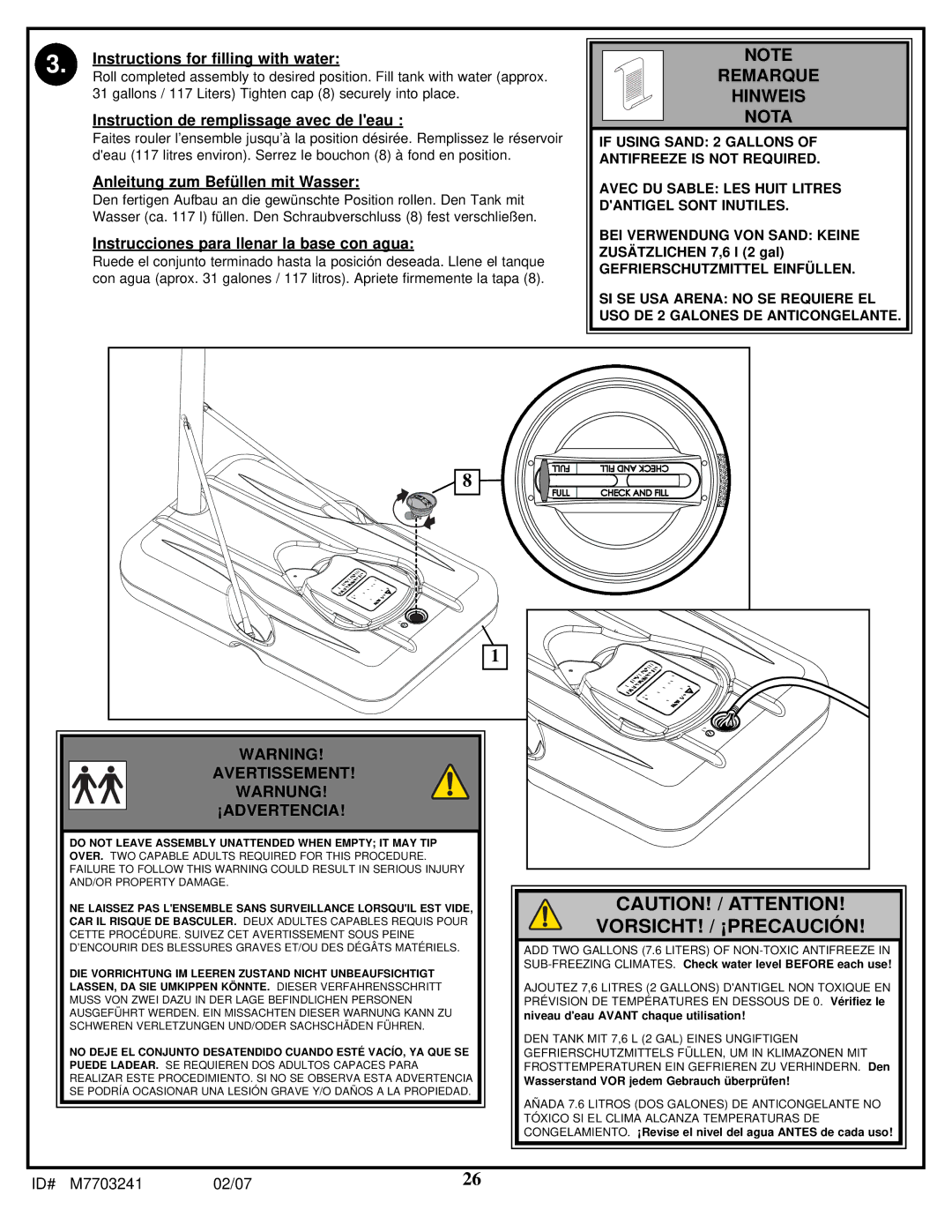 Spalding M7703241 manual Remarque Hinweis Nota, Instructions for filling with water 