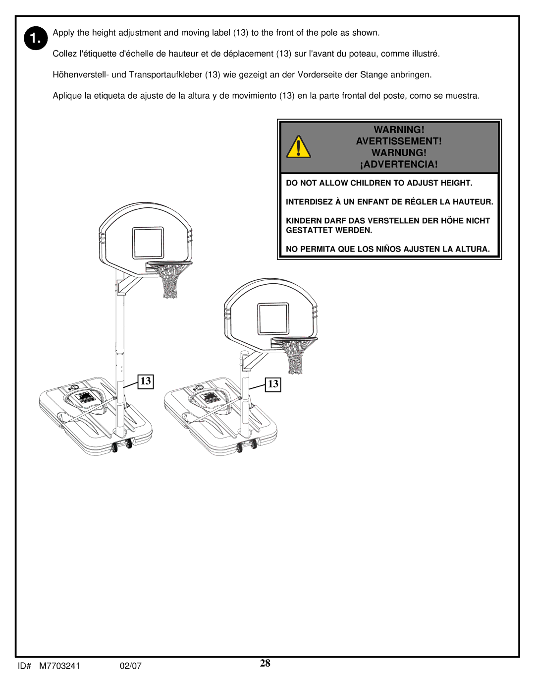 Spalding M7703241 manual Avertissement Warnung ¡ADVERTENCIA 