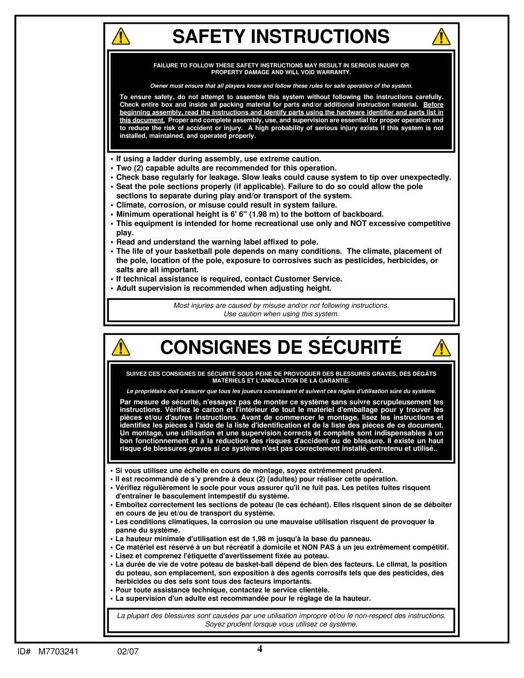 Spalding M7703241 manual Safety Instructions 