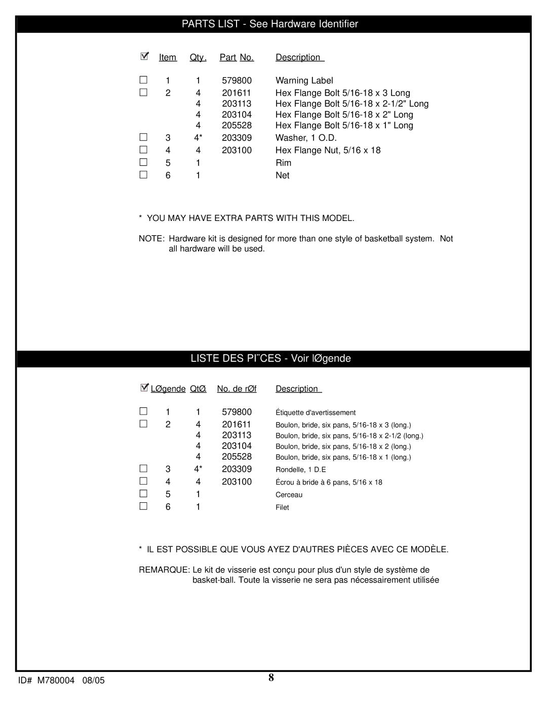 Spalding M781924 manual Parts List See Hardware Identifier 