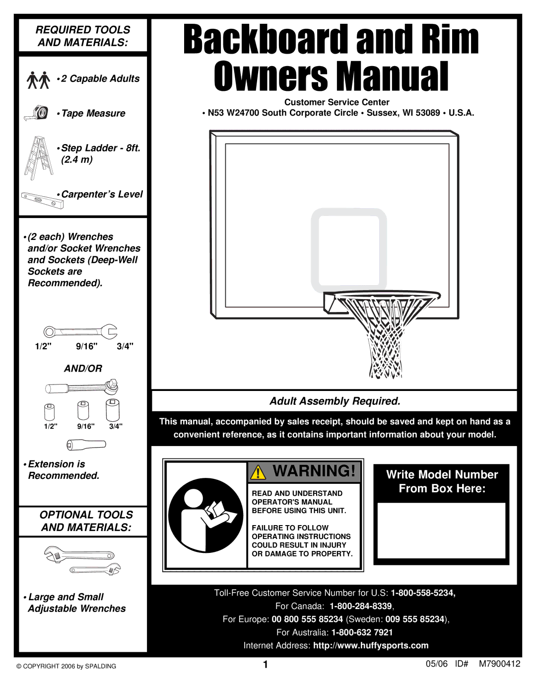 Spalding M7900412 manual Backboard and Rim 