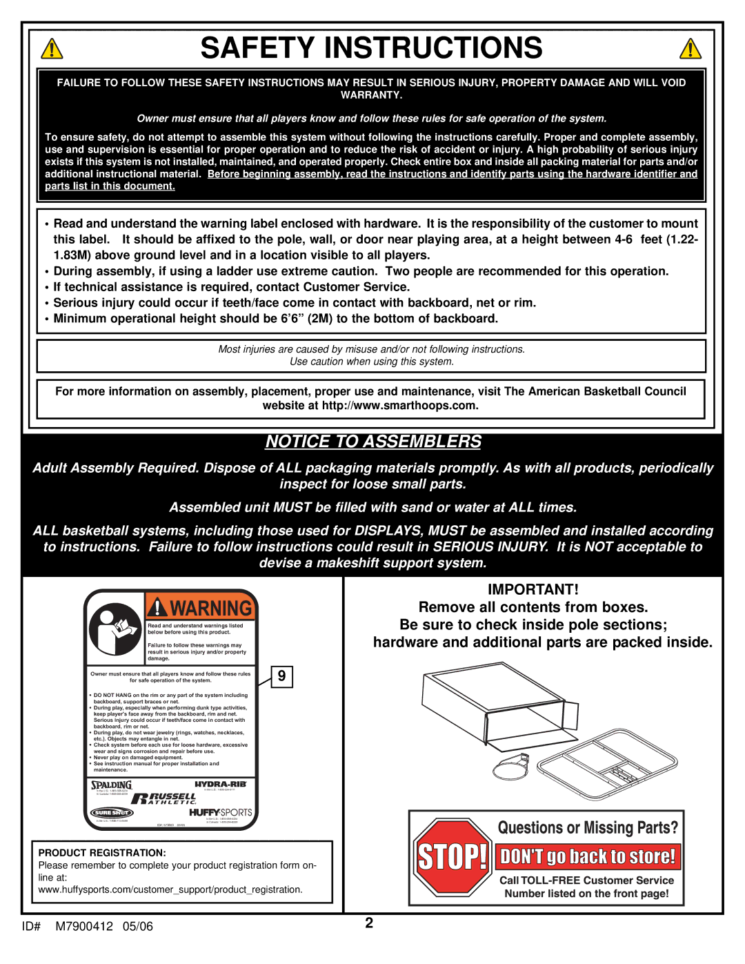 Spalding M7900412 manual Safety Instructions 