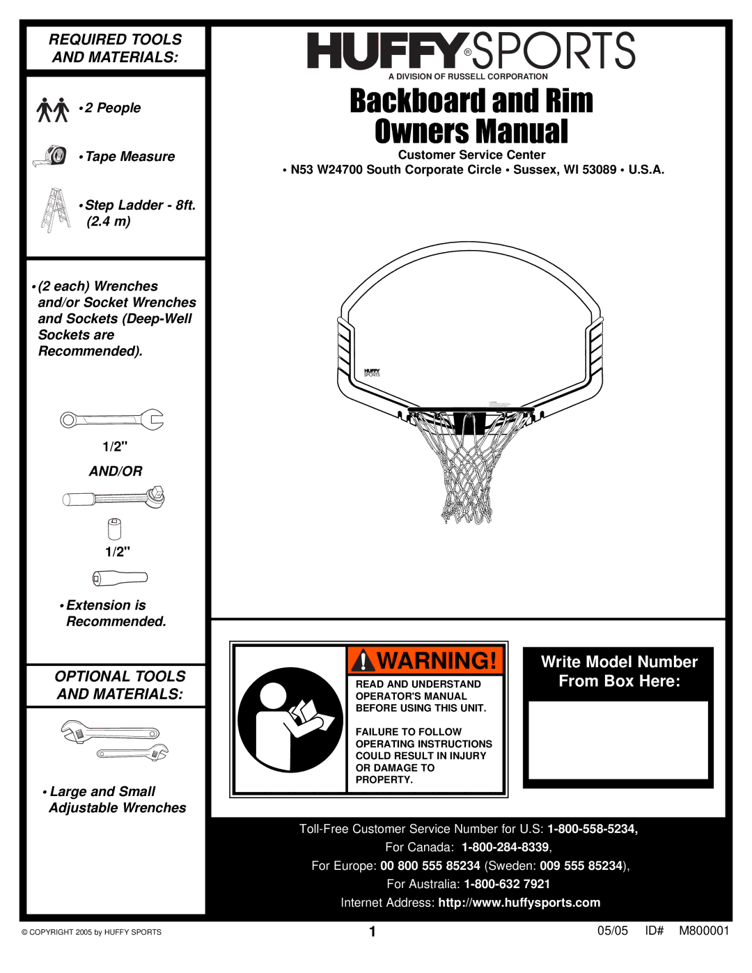 Spalding M800001 manual Backboard and Rim 