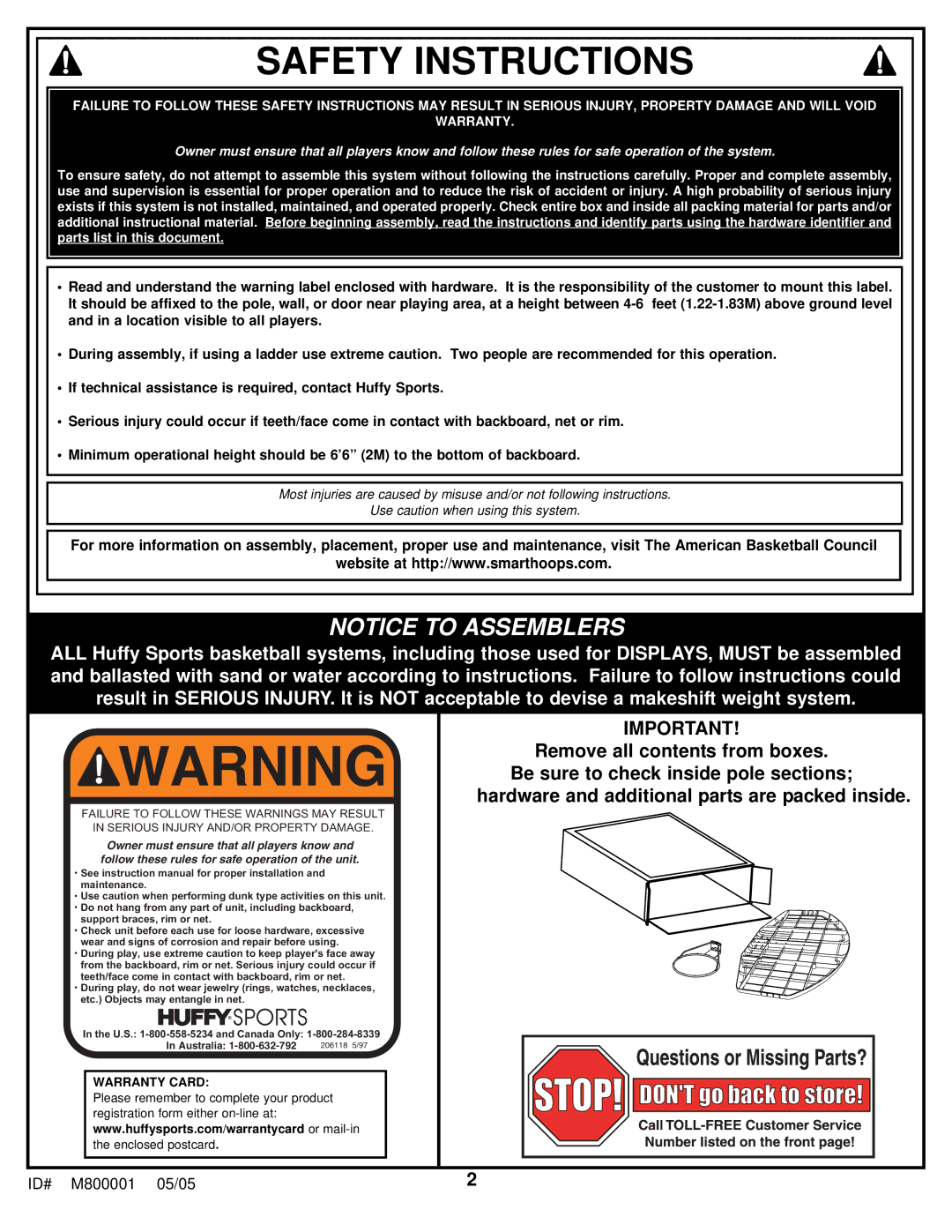 Spalding M800001 manual Safety Instructions 