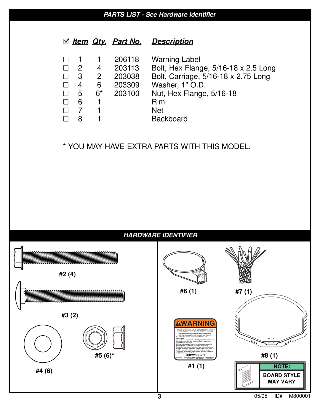 Spalding M800001 manual Qty Description, Hardware Identifier 