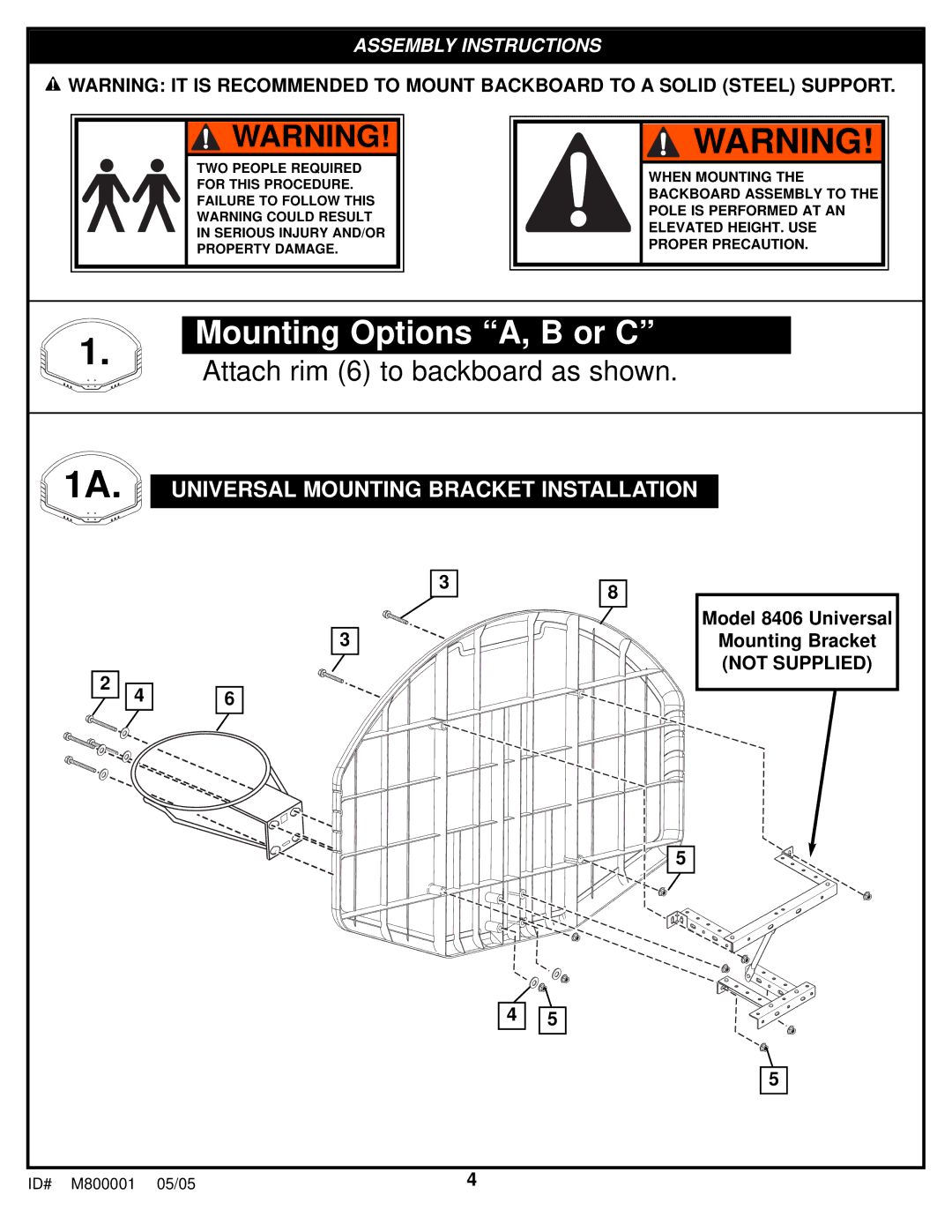 Spalding M800001 manual Mounting Options A, B or C, Assembly Instructions 