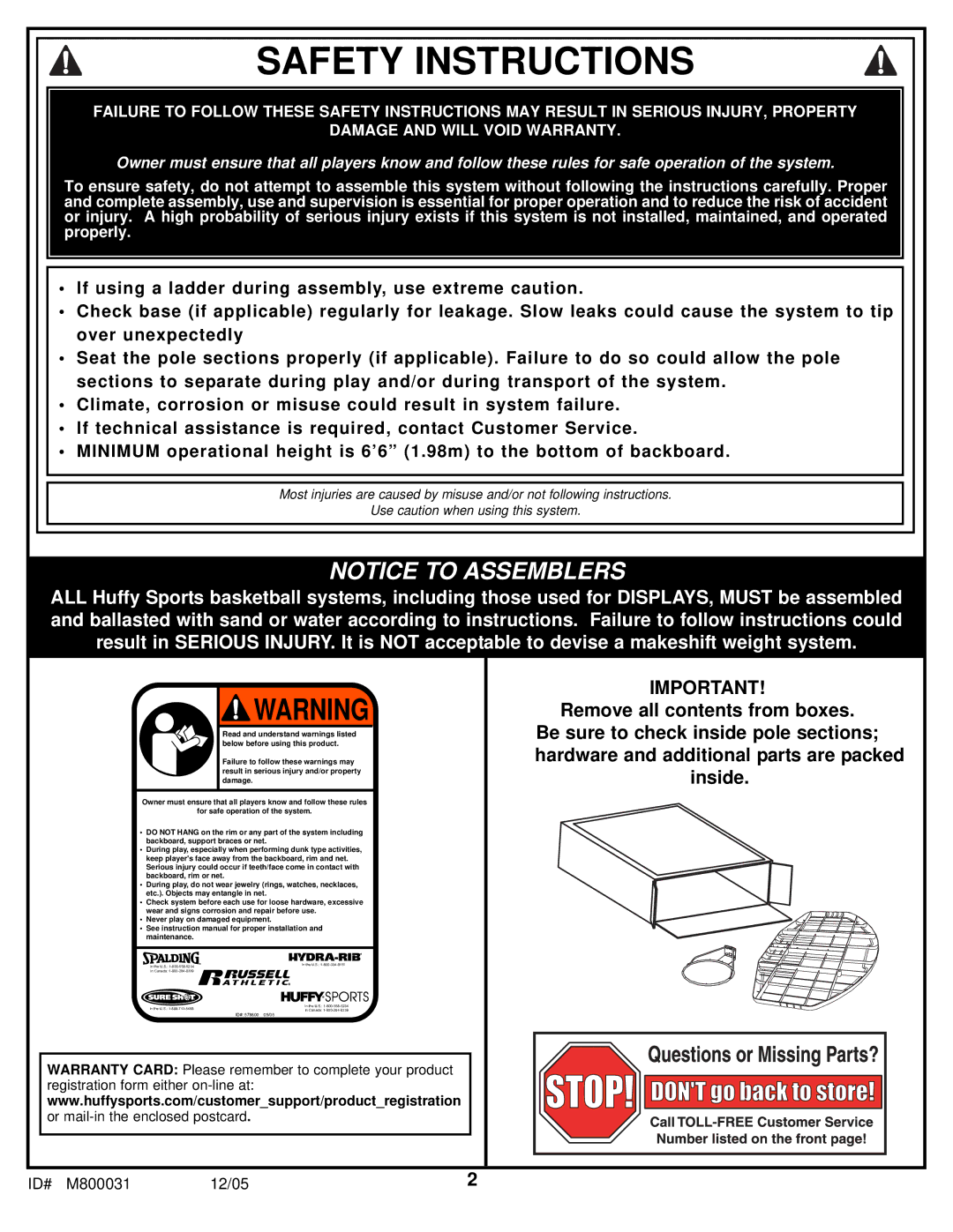 Spalding M800031 manual Safety Instructions 