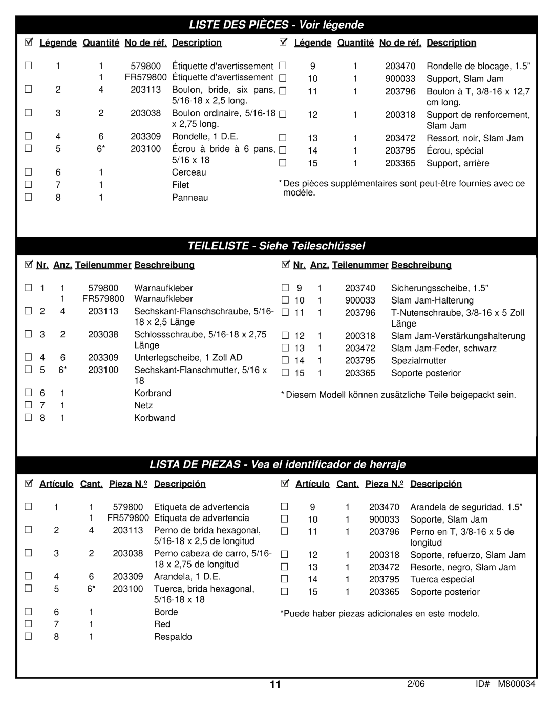 Spalding M800034 manual Liste DES Pièces Voir légende 