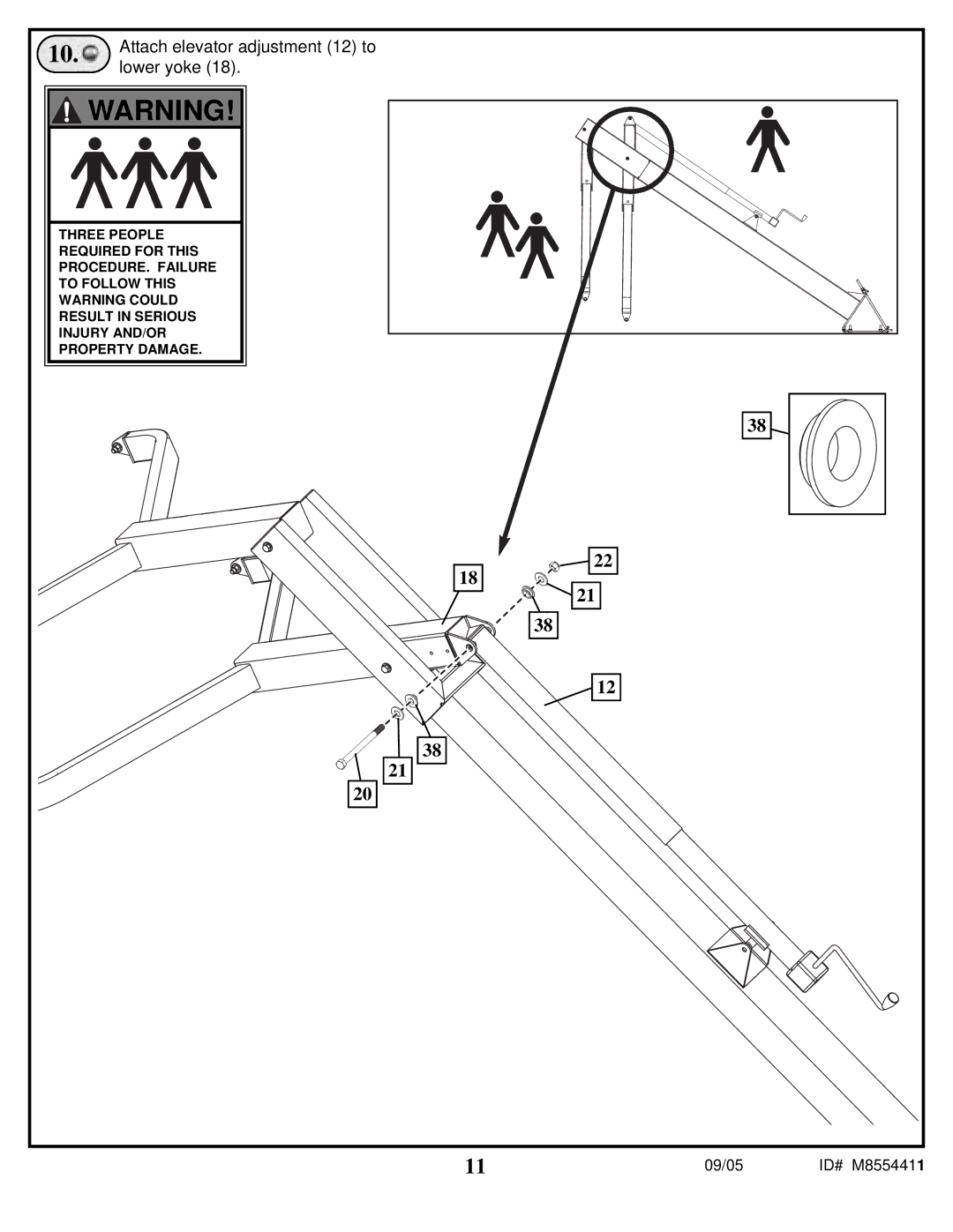 Spalding M8554411 manual Attach elevator adjustment 12 to, Lower yoke 