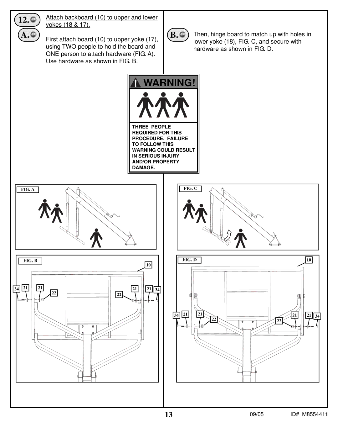 Spalding M8554411 manual Attach backboard 10 to upper and lower, Yokes 18, First attach board 10 to upper yoke 