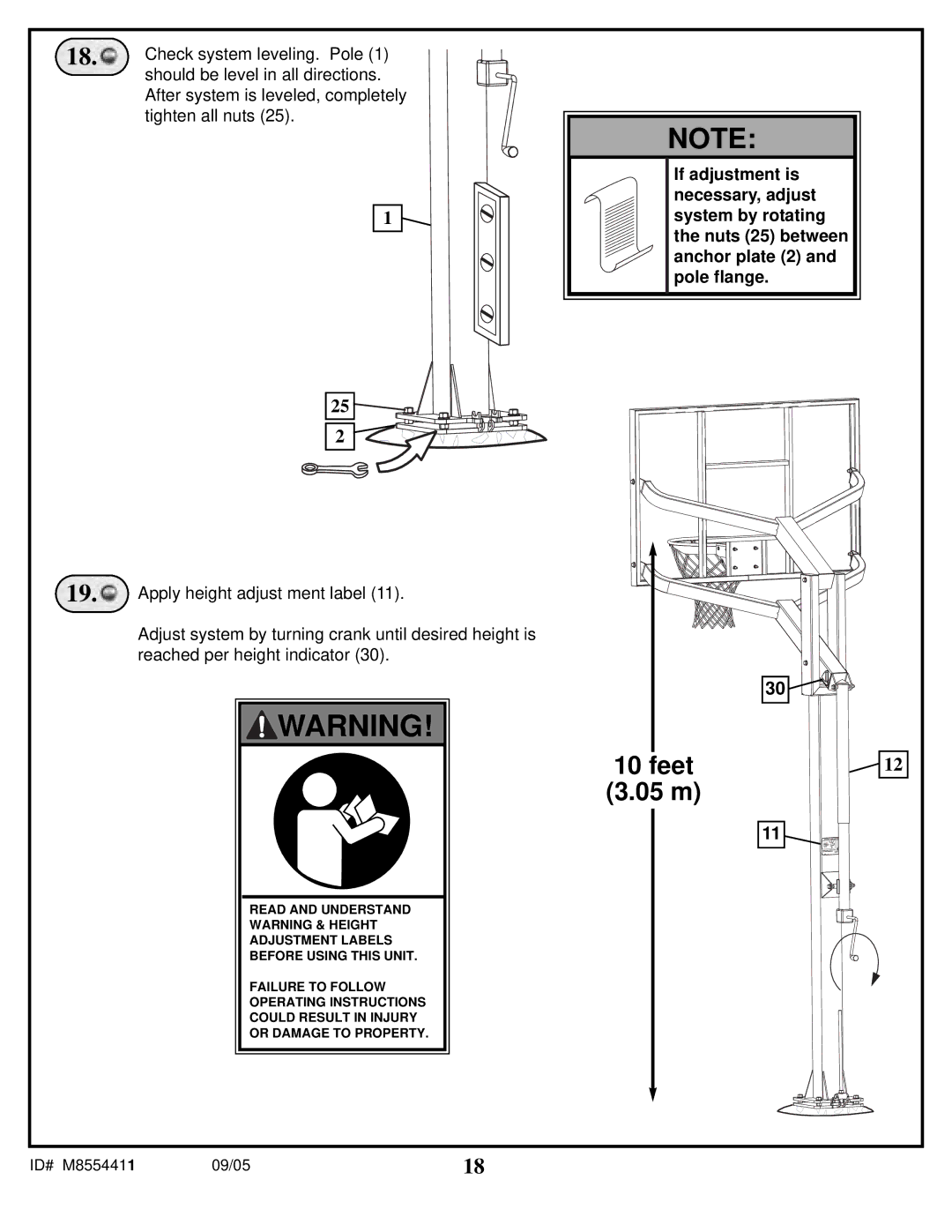 Spalding M8554411 manual Check system leveling. Pole, Should be level in all directions 