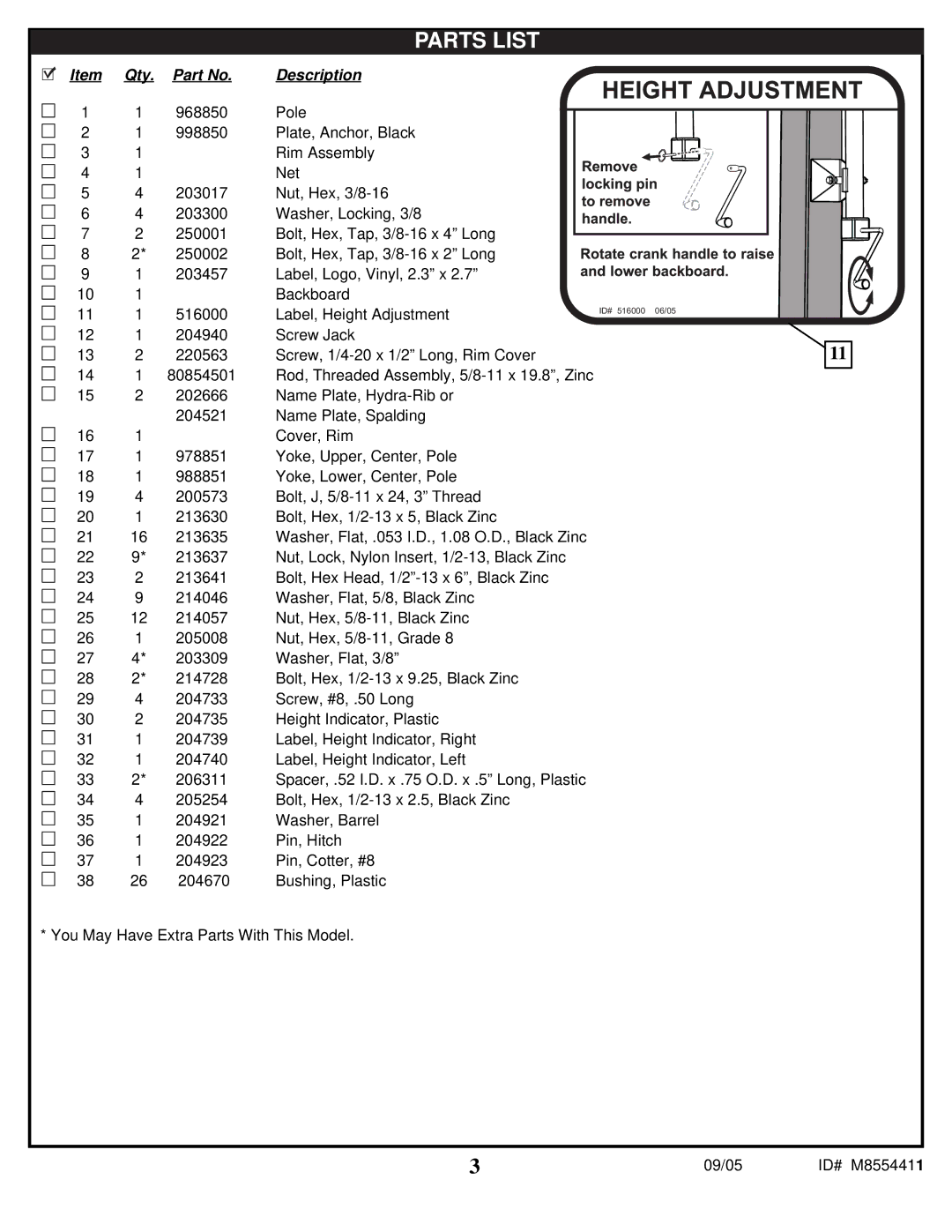 Spalding M8554411 manual Parts List 