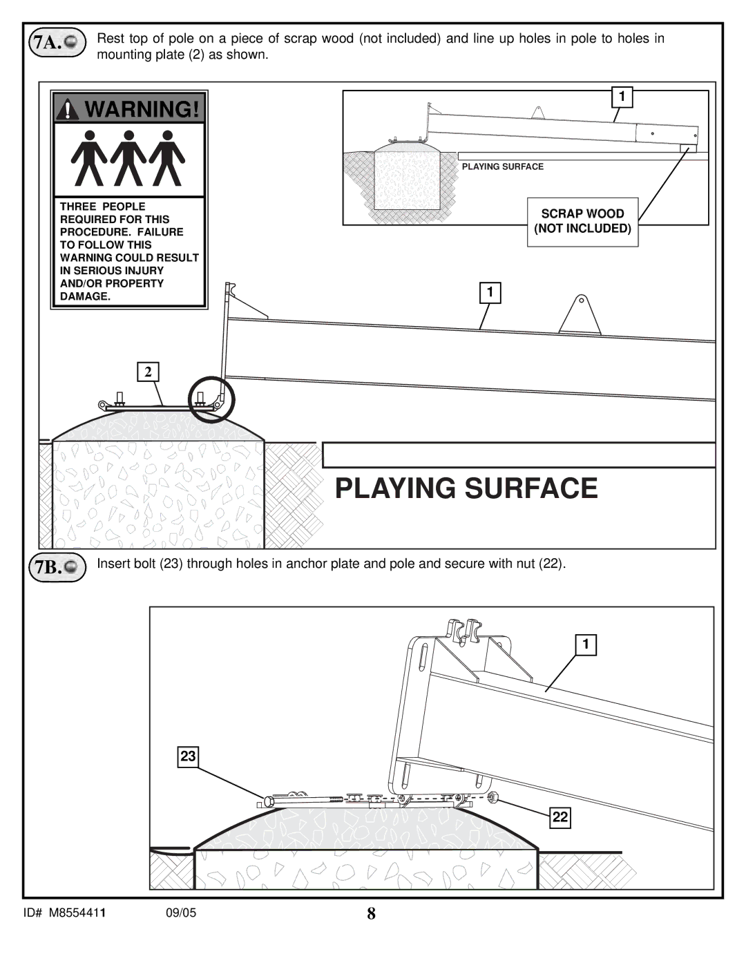 Spalding M8554411 manual Playing Surface, Mounting plate 2 as shown 