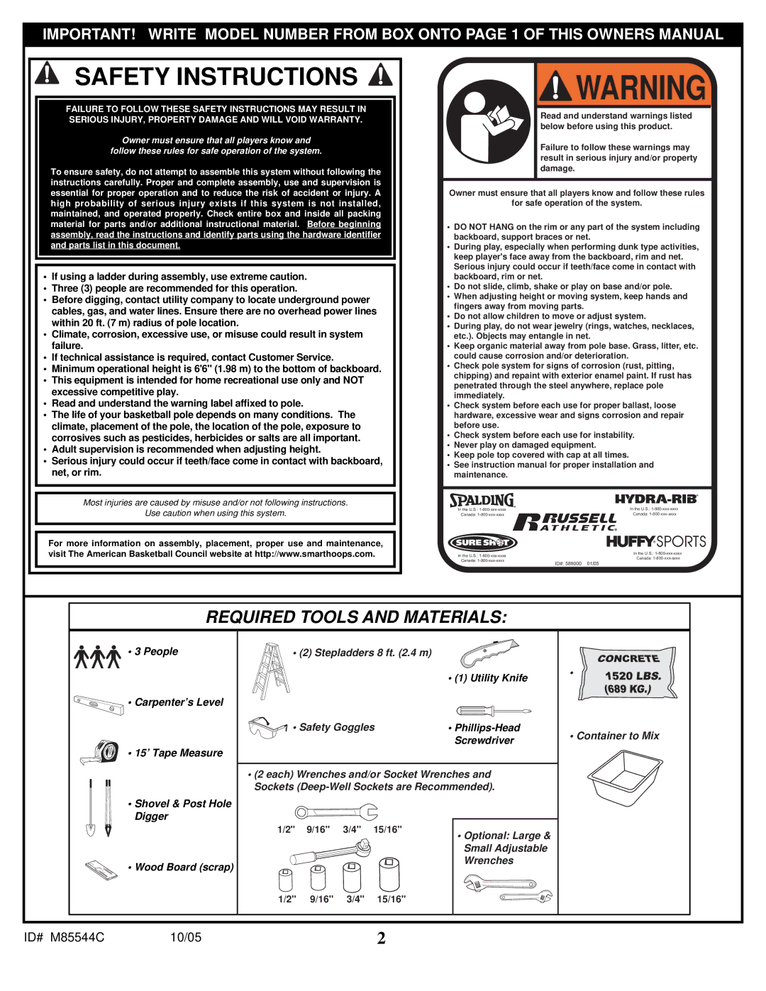 Spalding M85544C manual Safety Instructions 