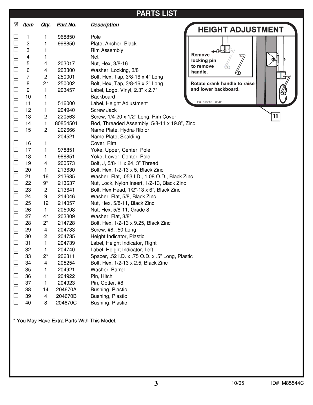 Spalding M85544C manual Parts List 