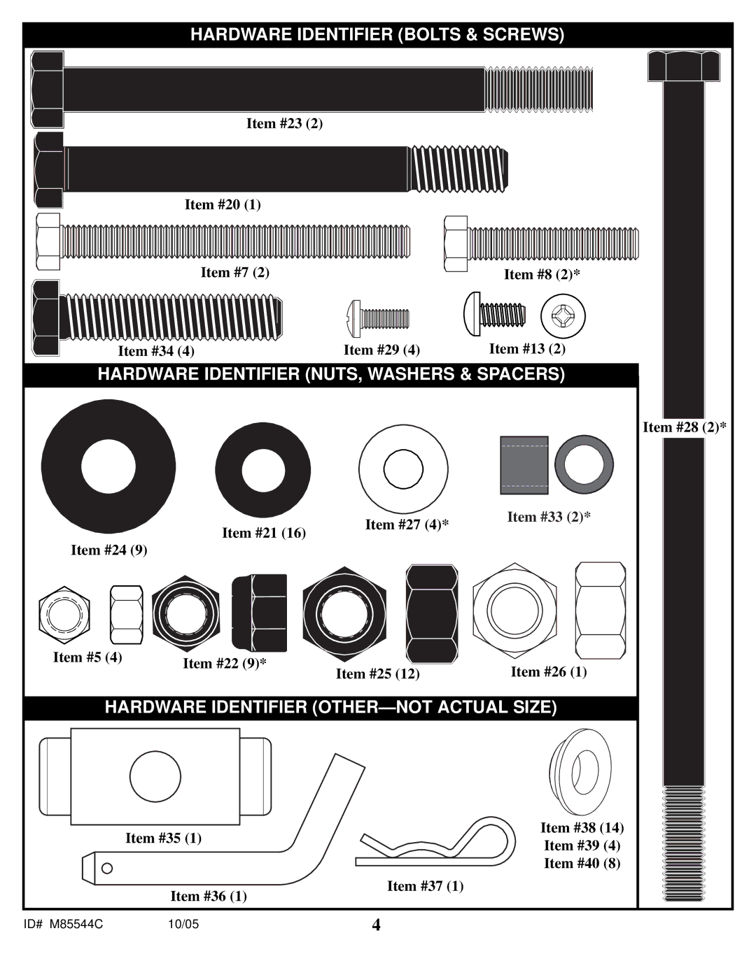 Spalding M85544C manual Hardware Identifier Bolts & Screws 